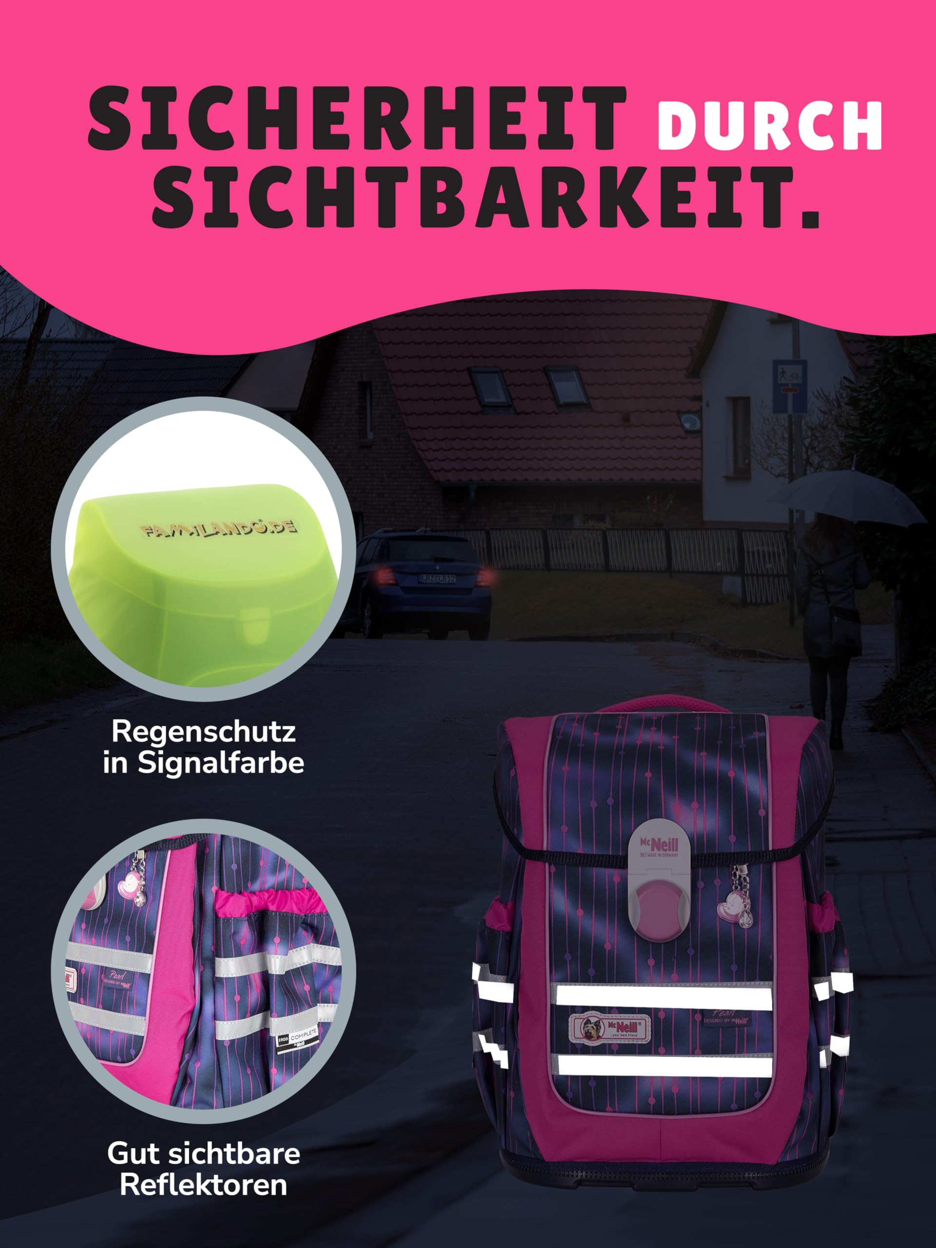 Familando - McNeill Ergo Complete Schulranzen Set - 10-teilig mit Schultüte - Pearl mit Herz Schloss - Ergonomisch & 3-Fach verstellbar - 1150g leicht mit 20L Volumen & Reflektoren - ab 1. Klasse