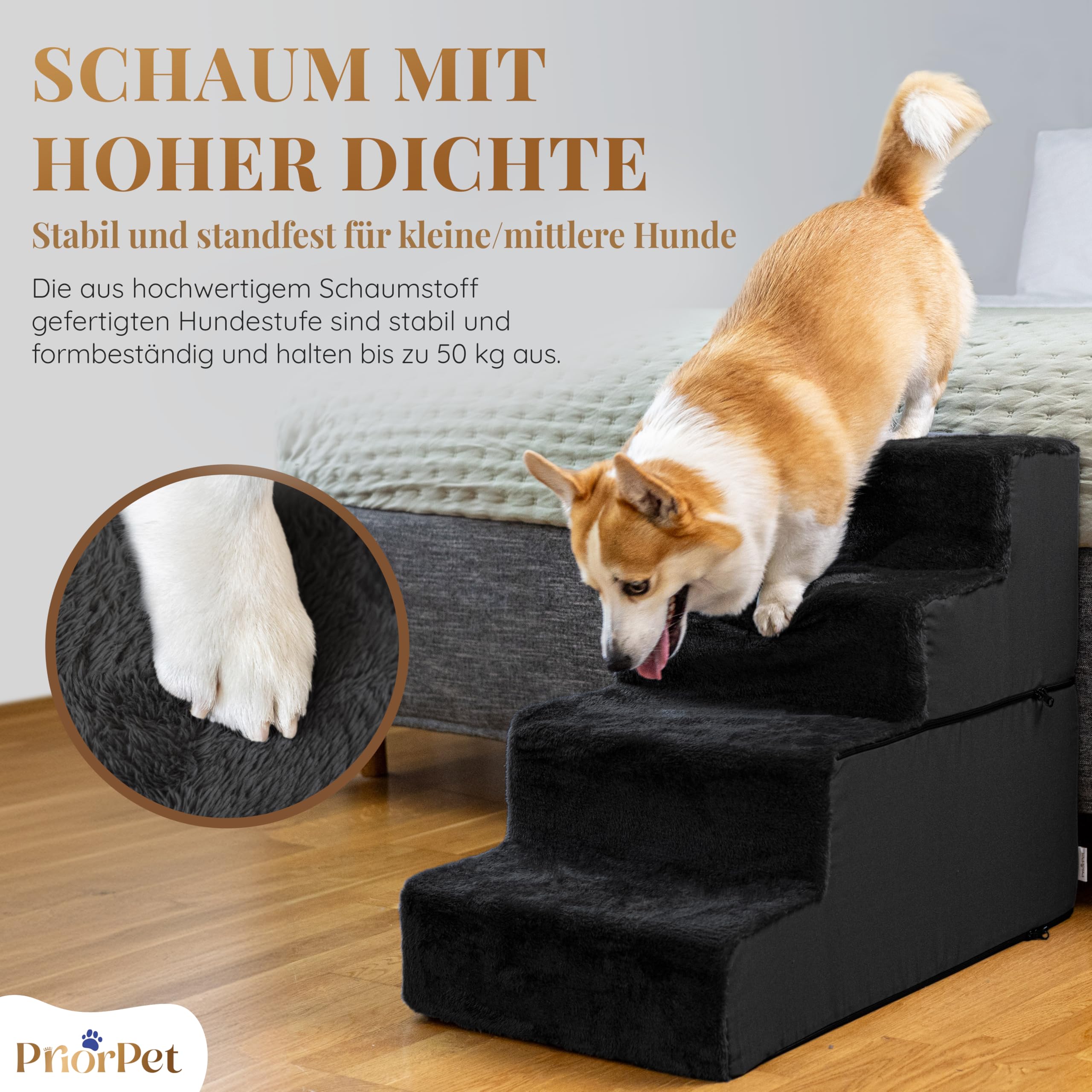 Hundetreppe für Bett und Sofa - 4 Stufen Hunderampe 58cm Hoch - Schaumstoff für Kleine Hunde - Sichere und Stabile Haustiertreppe - Abnehmbarer Waschbarer Bezug - Schwarz