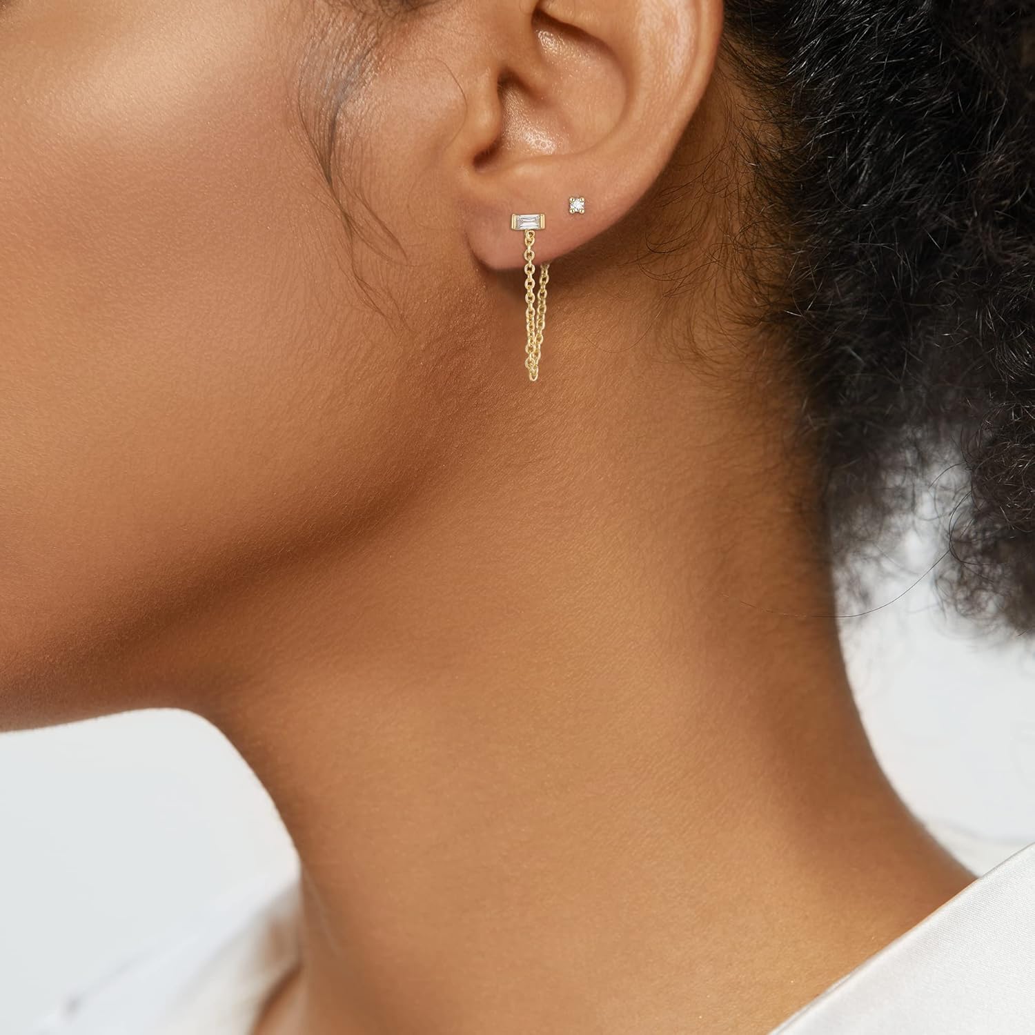 FANZE 14K Gold Plated Chain Earrings Set for women Cubic Zircon Stud Earring Hypoallergenic for Multiple Piercing Dainty Jewelry Gift - Image 3