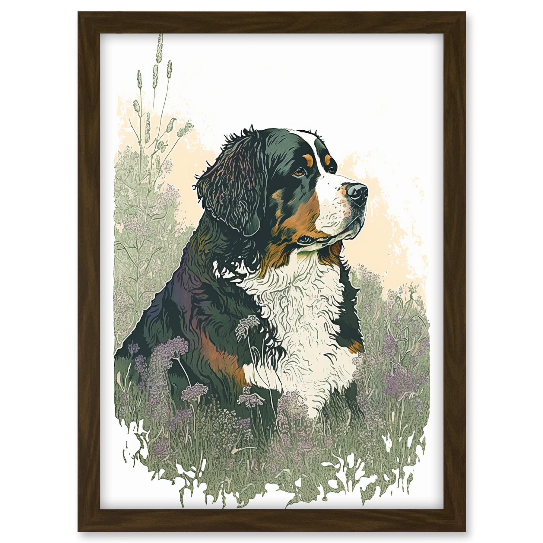 Artery8 Bernese Mountain Dog in Wild Flower Field Watercolour Illustration Artwork Framed A3 Wall Art Print
