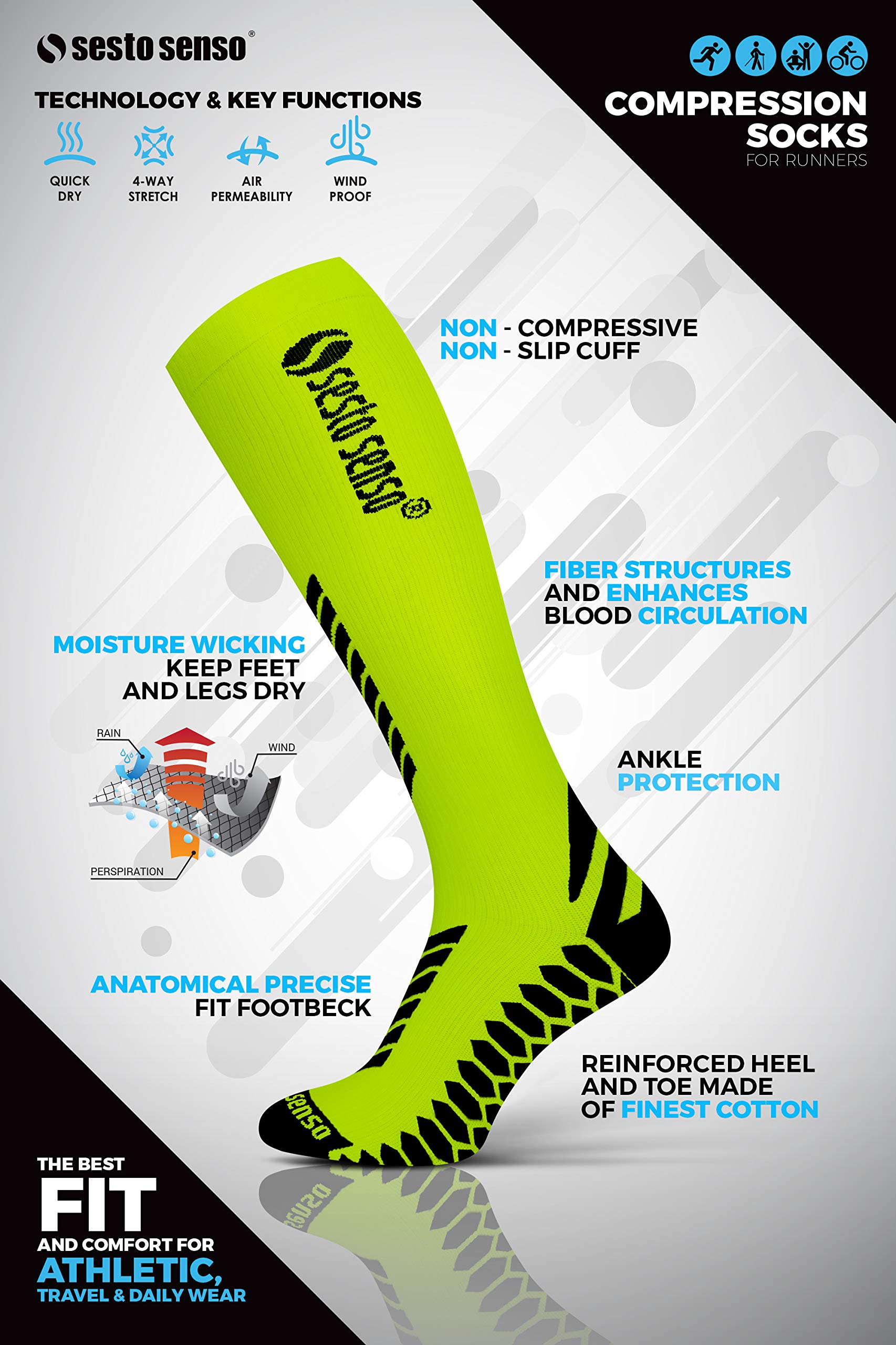 sesto senso Chaussettes de Contention Femme Homme Bas de Compression pour Le Sport Course