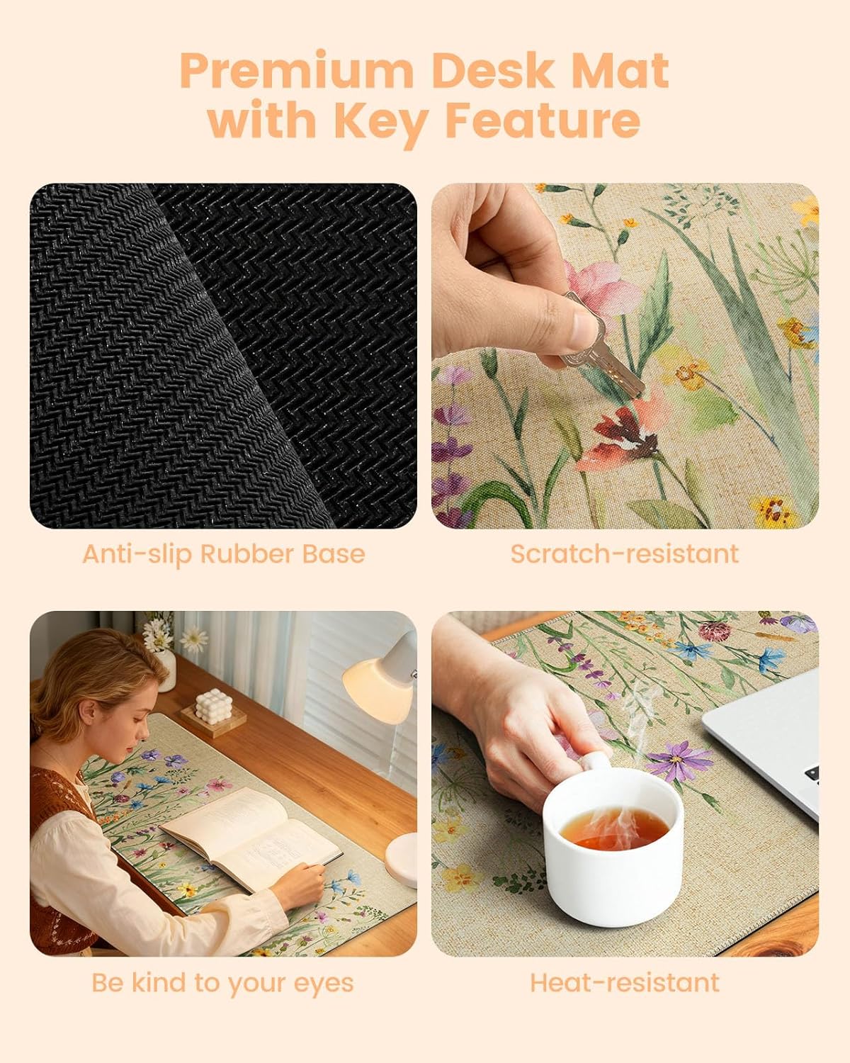 iCasso Desk Cover Mat, Extra Large Floral Mouse Pad, Desk Pad Mat,Office Matt for Desktop Protector, Anti-Slip XXL Big Mousepad with Stitched Edges for Laptop Computer Keyboard(Beige) - Image 5