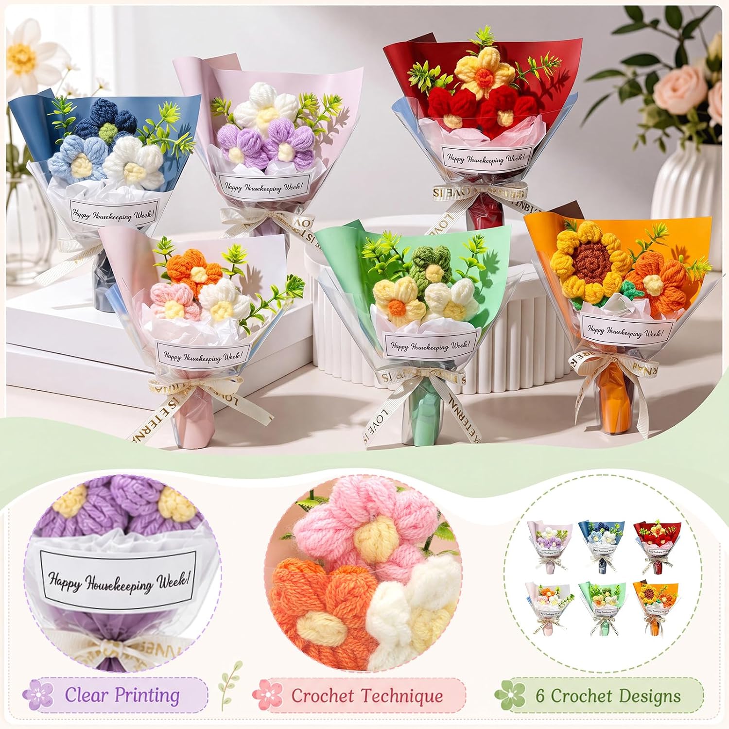 Riceshoot 12 Pcs Housekeeping Week Gifts Bulk Crochet Flowers image 4
