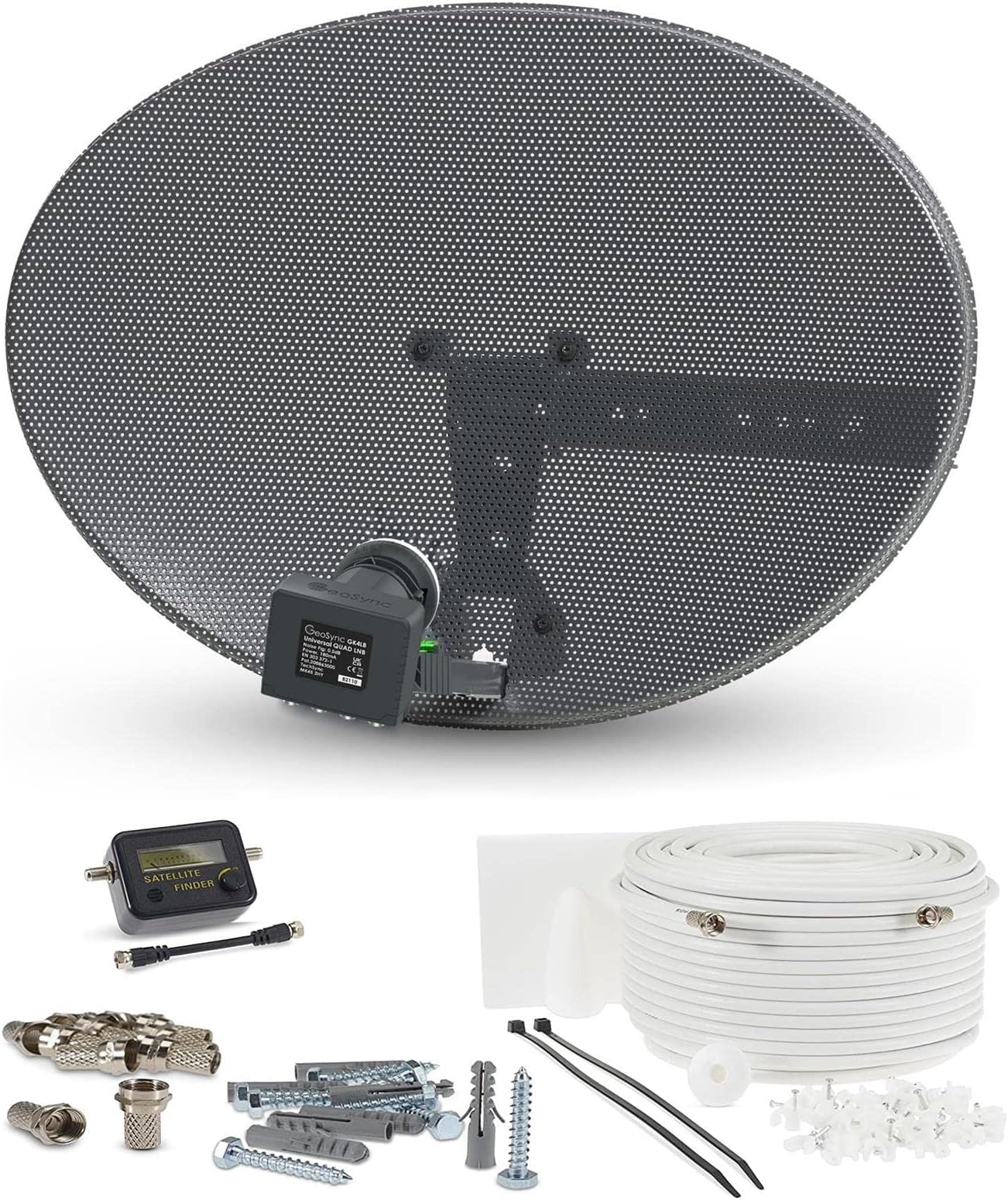 SSL Satellites Zone1 Dish Kit for SKY/Freesat/Astra/Polesat/Hotbird/Full HD, Latest MK4 Dish with Quad LNB, 50M RG6 White Cable, Signal Finder Satellite TV Finder, Brackets, Bolts, F Connectors