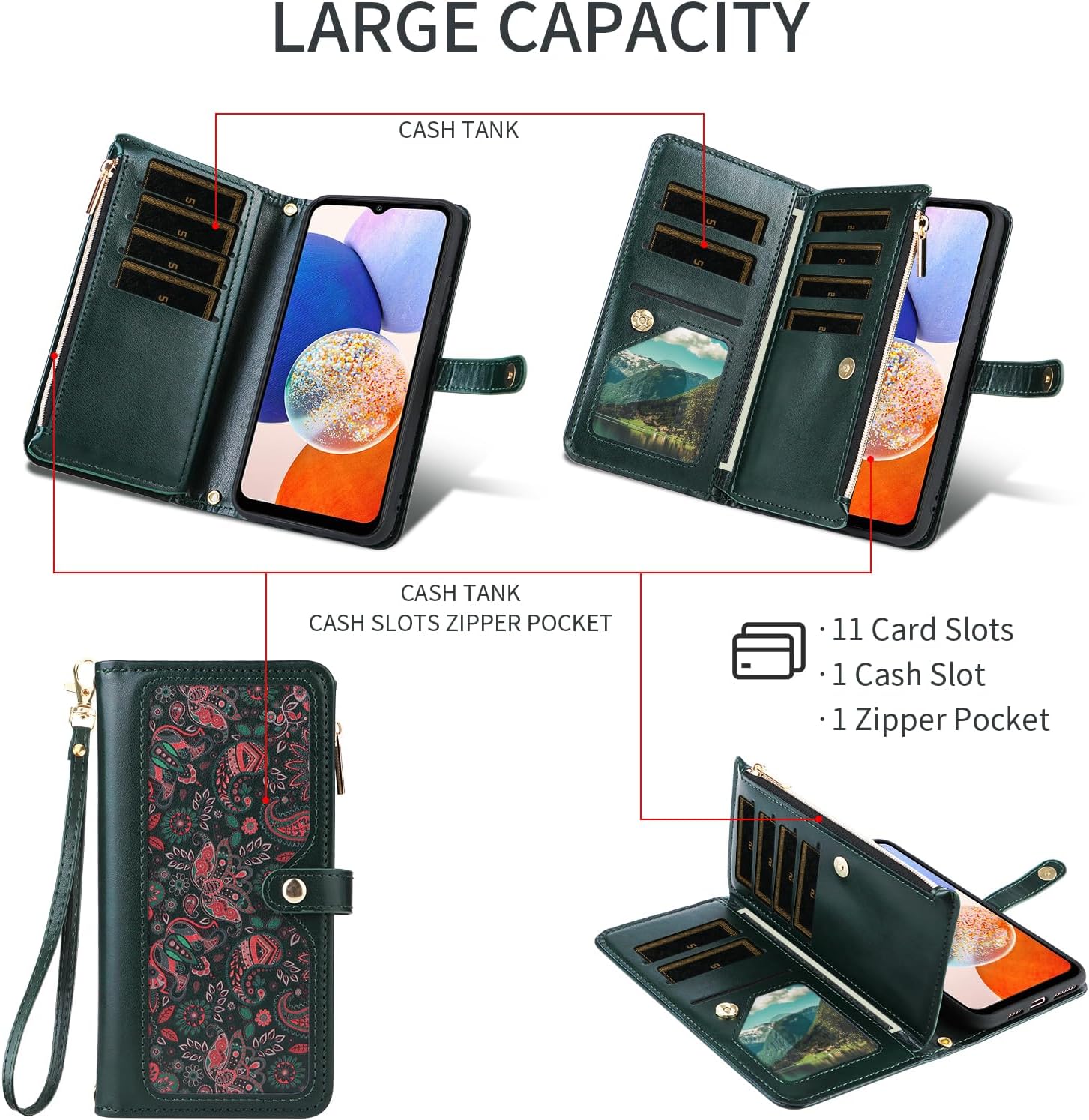 Dswteny for Samsung Galaxy S24 Plus/S25 Plus S24+ S25+ 5G Floral Wallet Case, Zipper Purse Flip Credit Card Holder Stand Cell Phone Cover for S24Plus 24S + S 24 24+ S25Plus 25S 25+ Women Men Green - Image 4