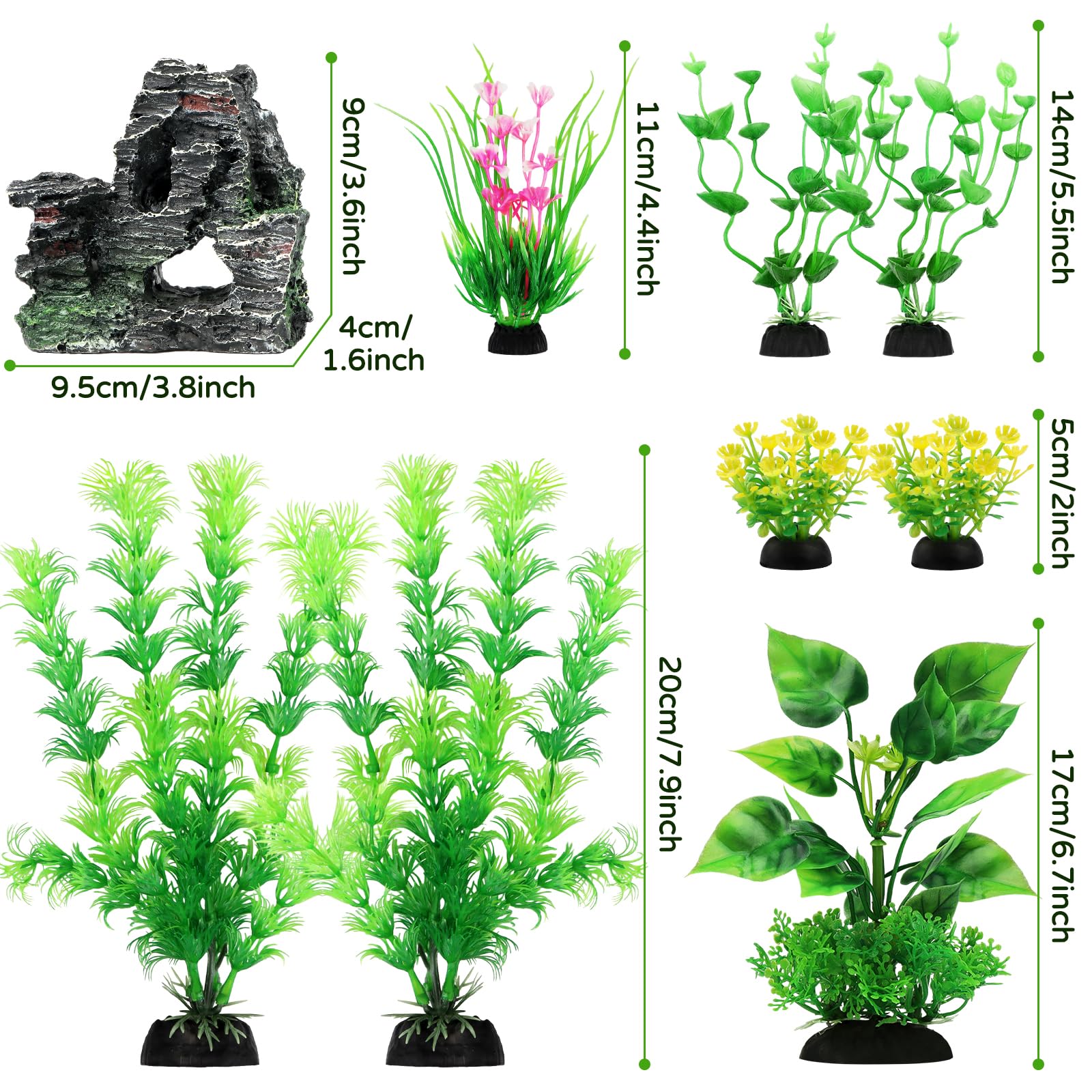 QUOZUO Aquarium-Zubehör, künstliche Pflanzen, 9 Stück, grüne Aquarium-Dekorationen, Pflanzen und Höhlen, Felsen, Dekor-Set, Aquarium-Dekoration, Kunststoffpflanzen