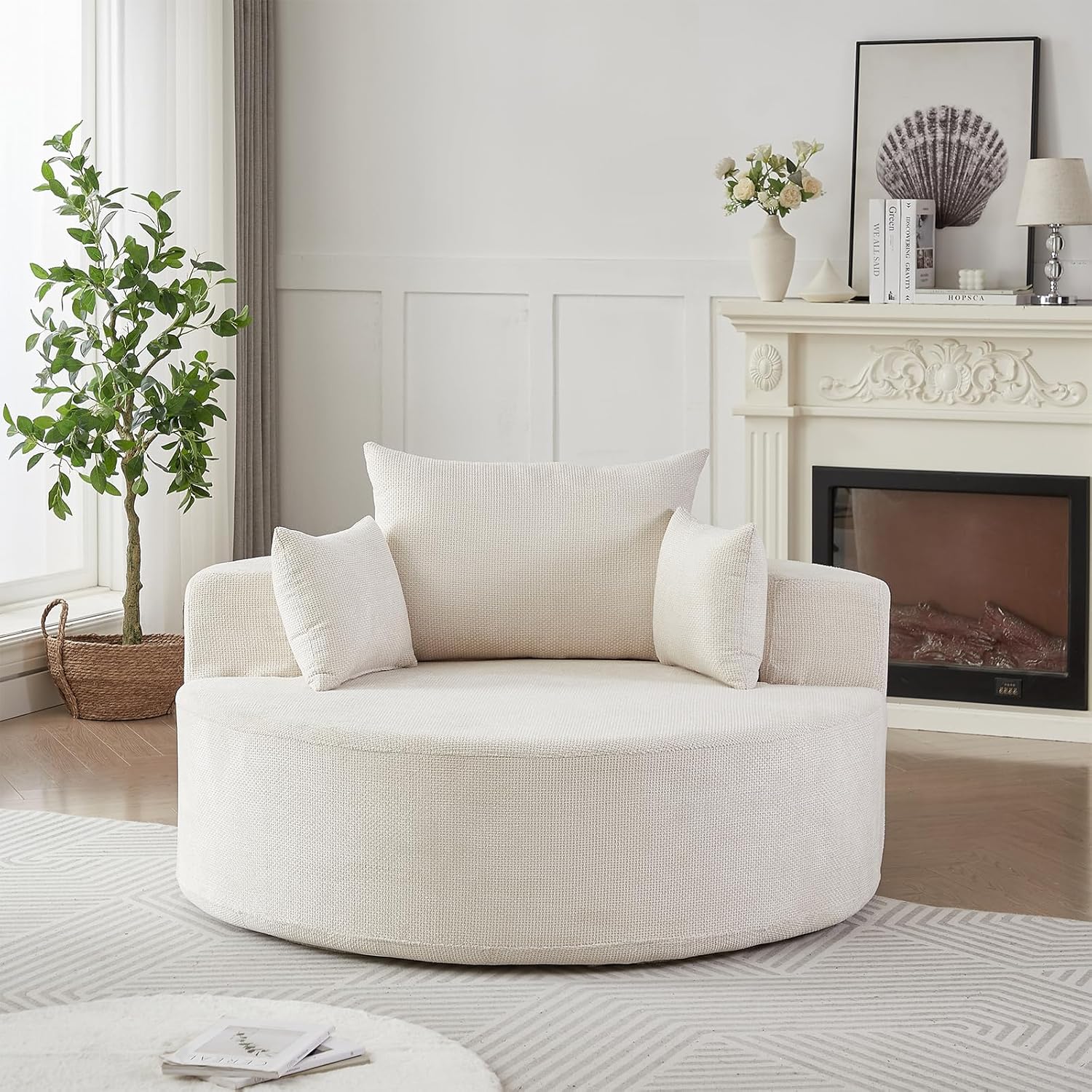 55'' Oversized Round Chaise Longue Chair, Upholstered Chenille Single Cloud Circle Sofa Chair Comfy Deep Seat Boneless Couch Bed No Assembly Required for Living Room, Bedroom Apartment, Dark Beige