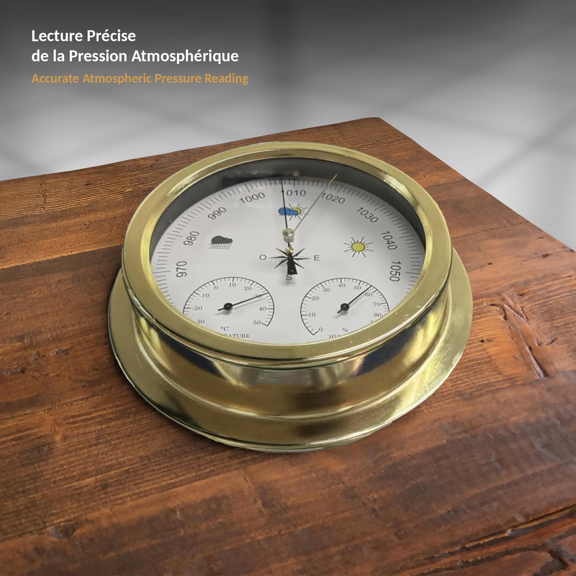 FISHTEC - Barometro meccanico 3 in 1 con termometro e igrometro - Telaio in metallo dorato Ø22,5 cm - Lettura pressione 961-1059 hPa - Elegante design vintage per soggiorno, ufficio o veranda