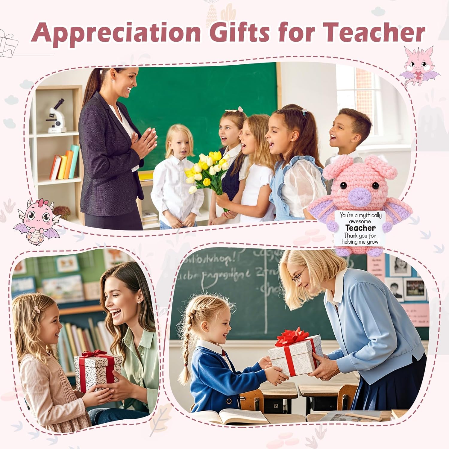 Mini Funny Dragon Thank You Gifts for Teacher, Positive Appreciation Gifts for Tutors, Professor, Friends, Coach, Coworker, Emotional Crochet Dragon Gift for Birthday, Graduation, Valentines Day Decor - Image 6