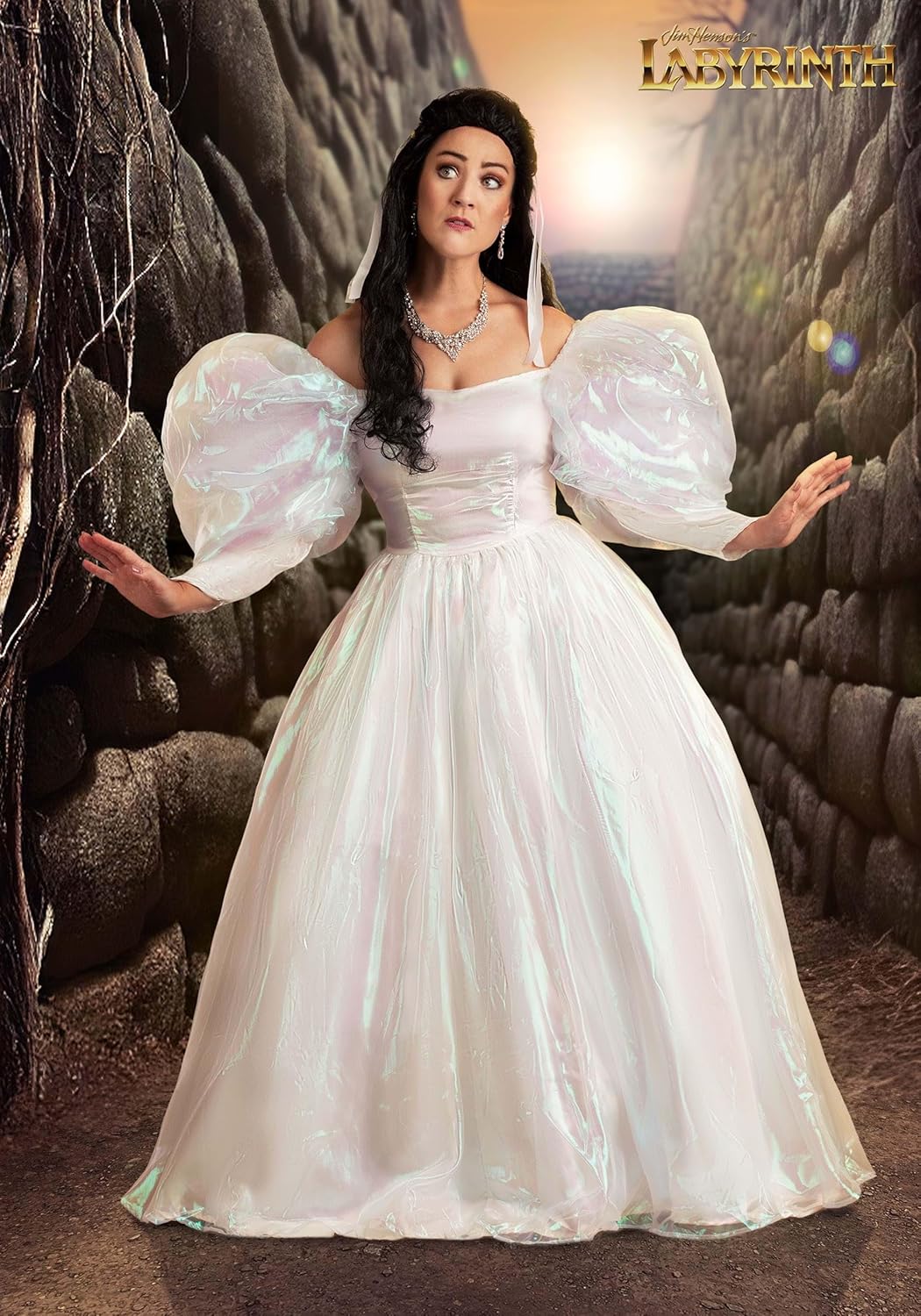 Sarah Labyrinth Costume Dress | White Ballgown With Large Puff Sleeves, Included Floral Crown With Hair Ribbons Small Bundle