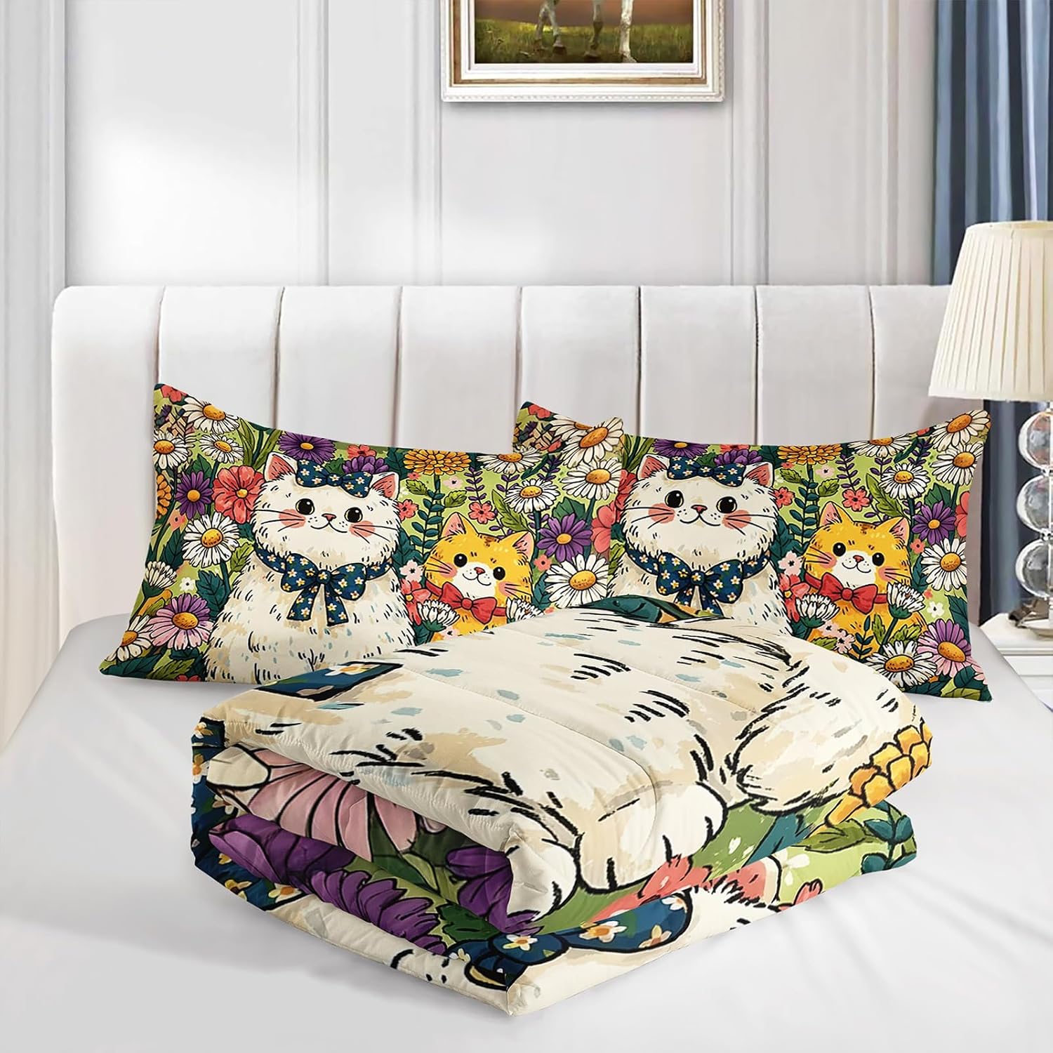 AILONEN 3 Piece Comforter Full Bedding 2 Pillowcases Whimsical Floral Garden Cartoon Kitty Pattern Teens Girl Bedroom Decor Aesthetic Vibrant Flower Quilt Soft Brushed Microfiber Duvet Cover