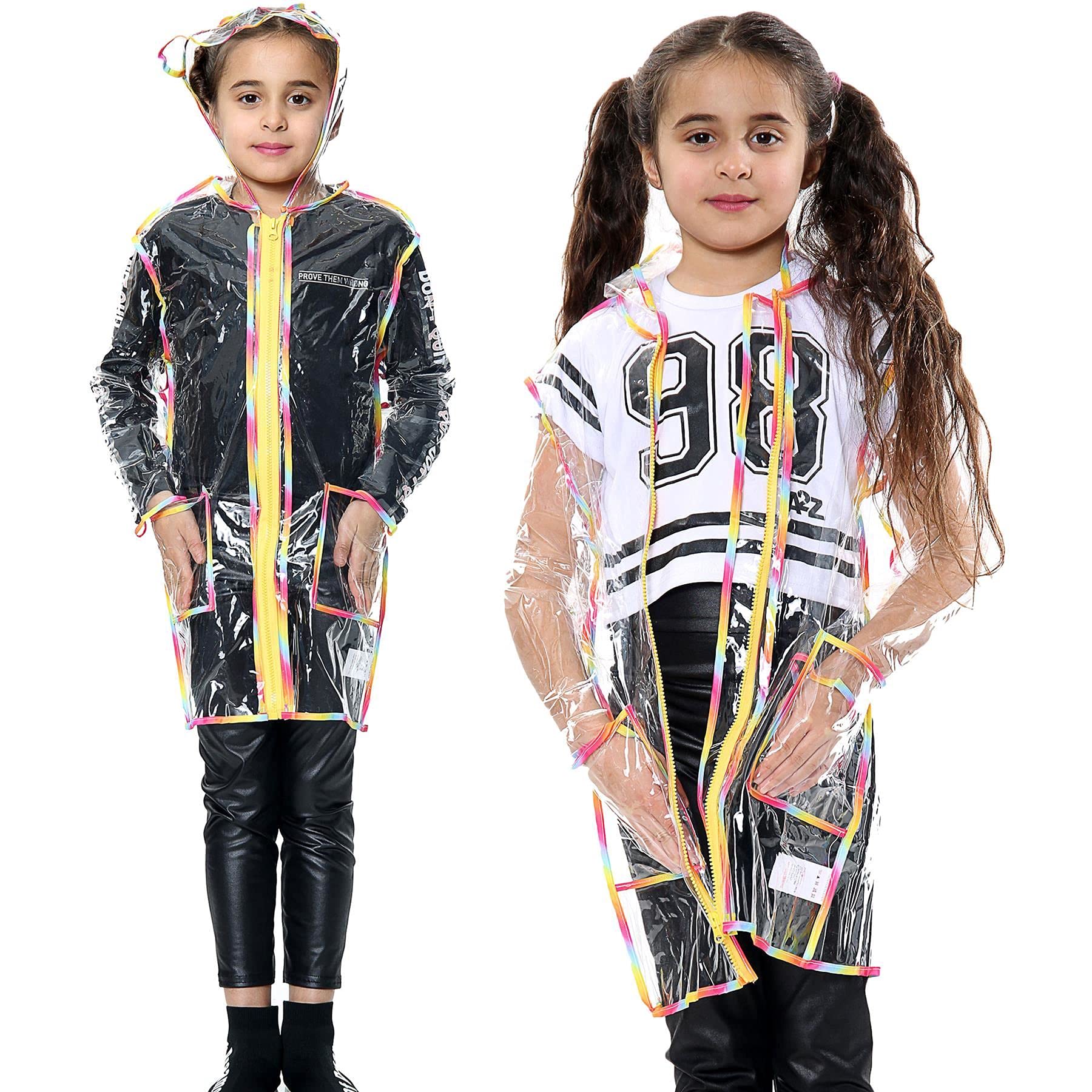 A2Z 4 Kids Girls Raincoat EVA Transparent Clear Rainwear Hooded Long Sleeves - Raincoat 450 Rainbow 9-10