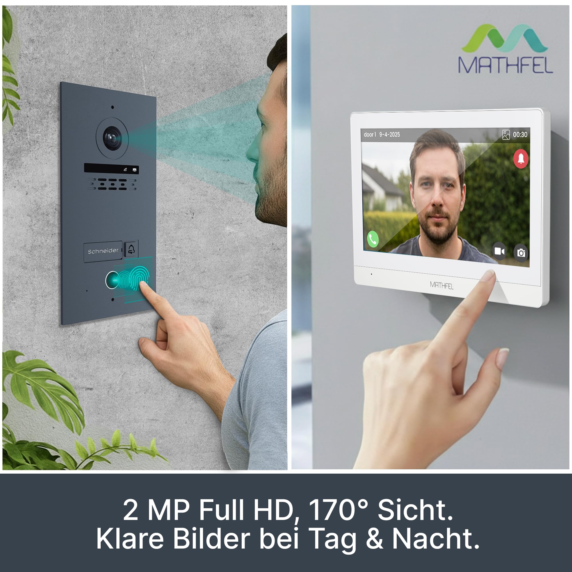 MATHFEL Videocitofono a 2 fili BUS WLAN, con funzione Bluetooth, videocitofono, telecamera fisheye in alluminio, stazione esterna 170 gradi, colore: 1x7", monitor bianco con interfaccia WLAN