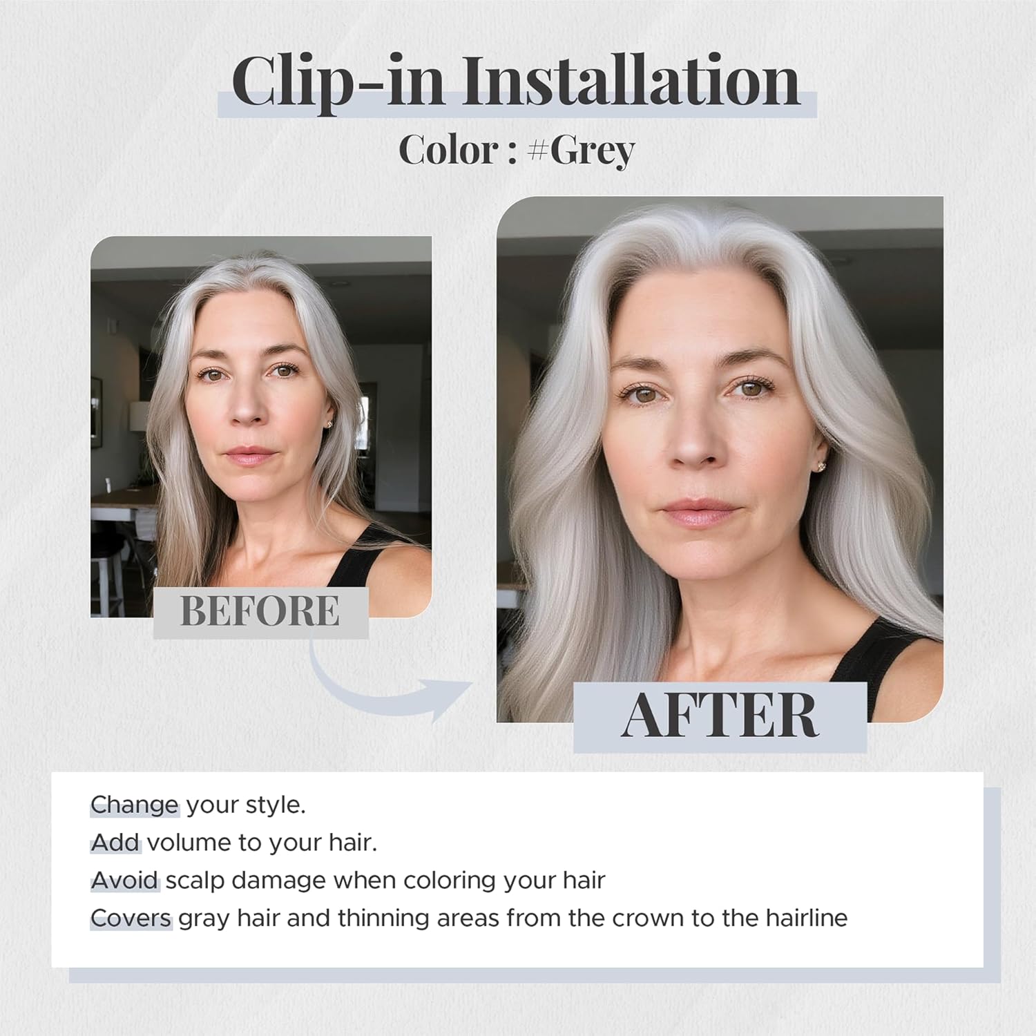 Human Hair Topper for Women with Thinning Hair, 4 Clips, Silk Base 3.94x4.72, No Front Bangs, 14 Inches Lengths, Grey Color, Achieve a Fuller, More Youthful Appearance