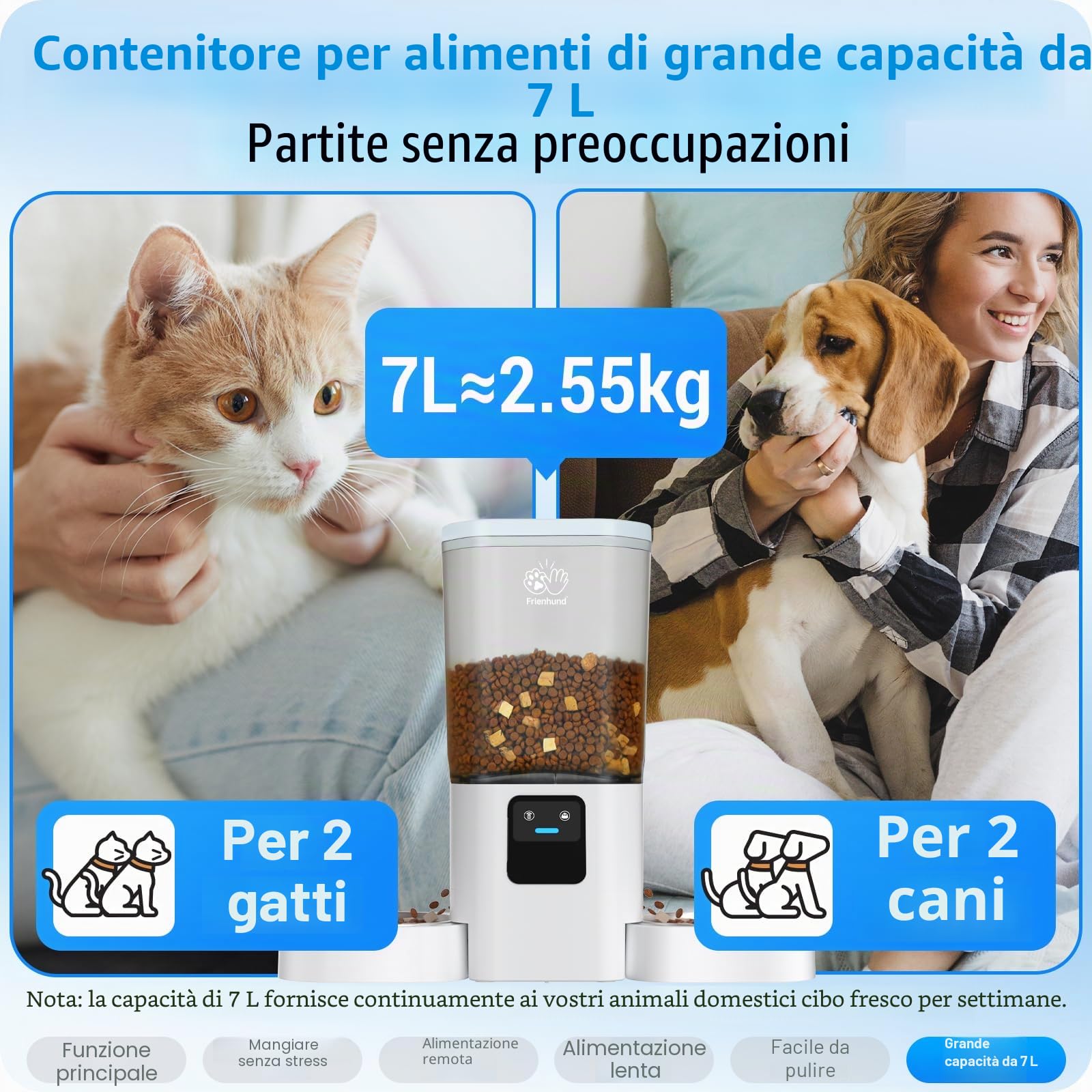 Frienhund Distributore Automatico Cibo Gatti Doppio App: 5G WiFi Dispenser Crocchette Gatto Con Alimentazione Lenta, 7L Dispenser Crocchette Gatto 2 Ciotole, Distributore Cibo Cani (ACF190W-C)