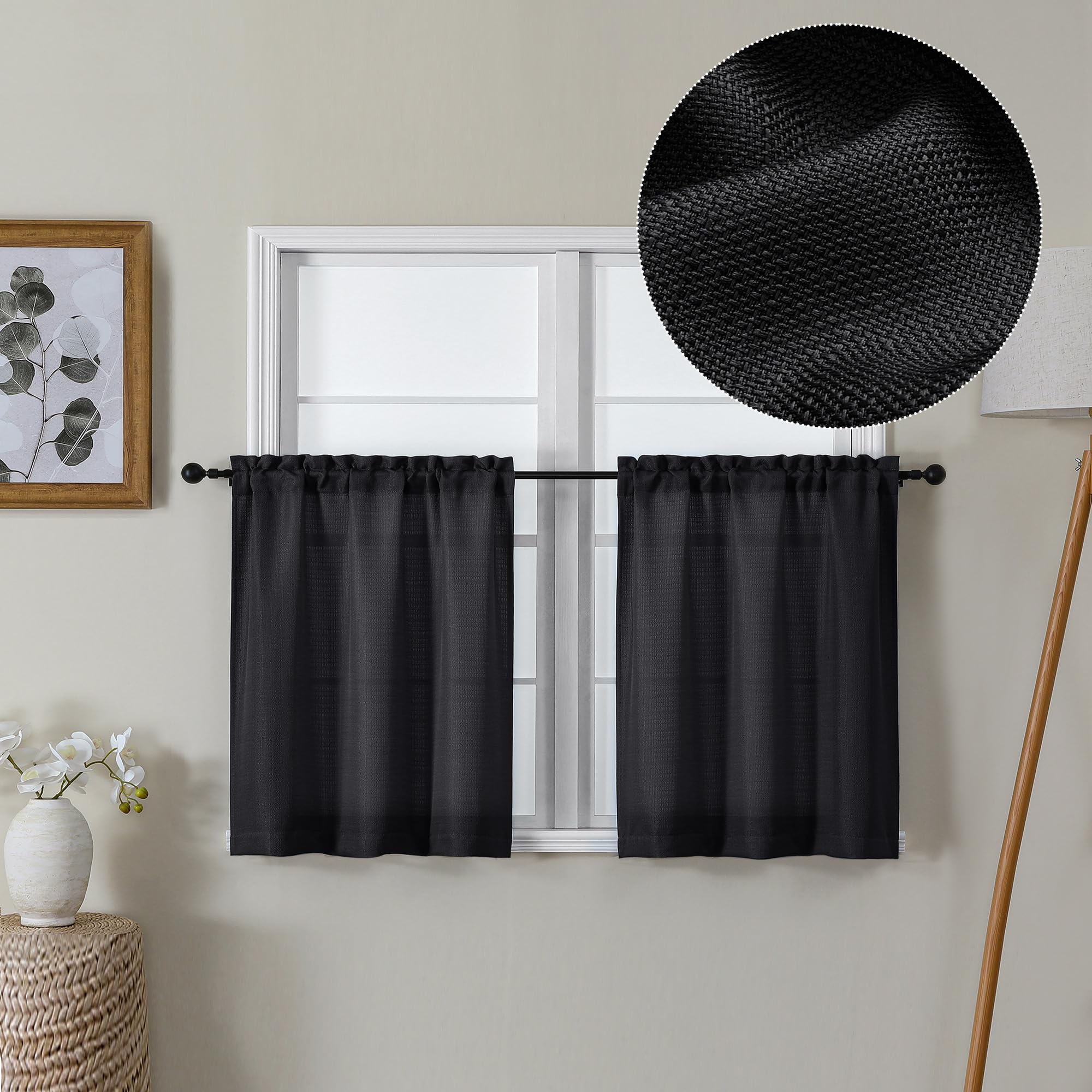 Lecloud Bessie Black Kitchen Curtains 24 Inch Length 2 Pieces, Faux Linen Textured Window Short Curtains, Rustic Tiers Curtain for Living Room Bedroom Cafe Bathroom, Each 30 W x 24 L