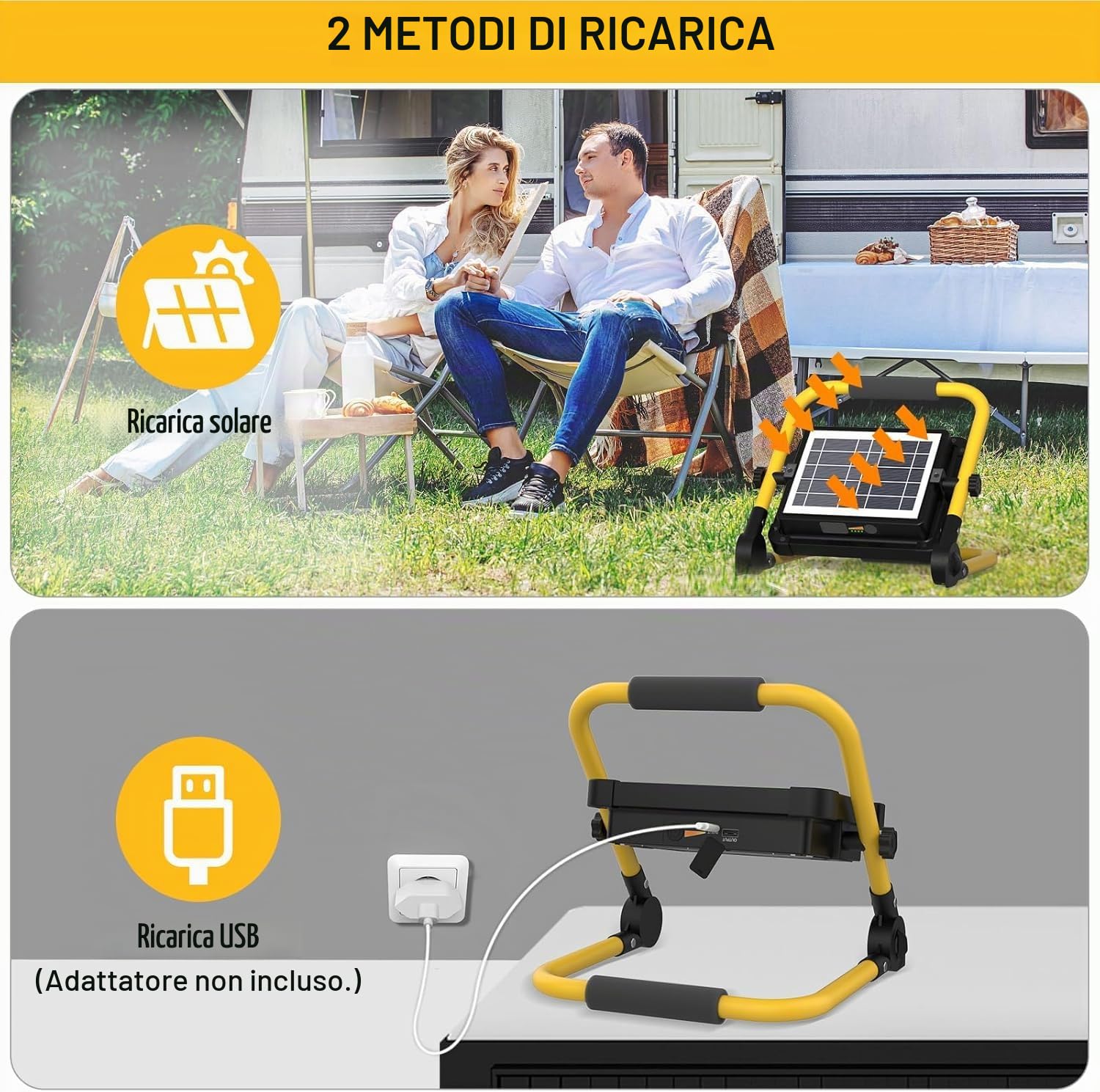 MASMEJOR Faro LED Ricaricabile Solar, Supporto Metallico, 10000LM, 12000mAh | 100W, 336 LEDs, 4 Modalità Luce, Base Magnetica, Uscita USB, Portatile per Campeggio, Garage, Pesca, Emergenze