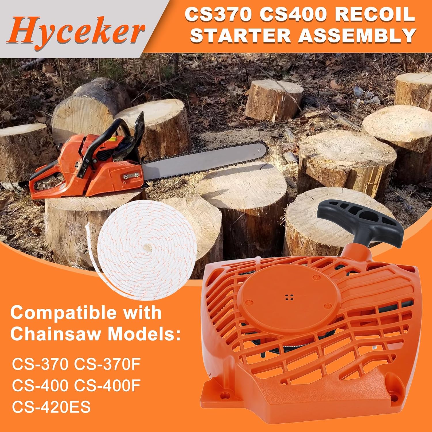 CS370 CS400 Recoil Starter Assembly for Echo CS-370F CS-400 CS-400F CS-420ES Chainsaw Parts, CS-370 Starter Assy, CS 400 Recoil Starter with 3ft Pull Cord Start Rope A051000982 A051000981