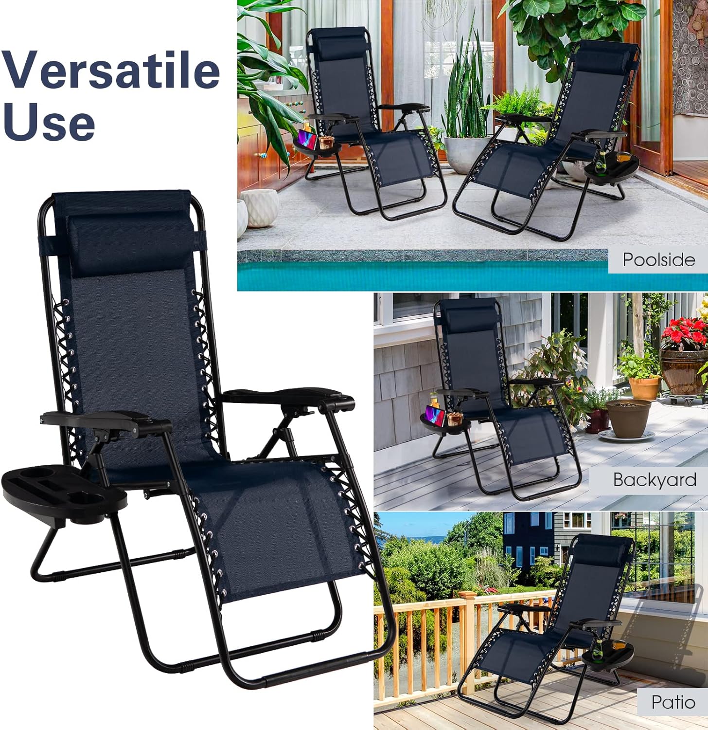 Goplus Zero Gravity Lounge Chairs, 160°Adjustable Folding Recliner w/Pillow and Cup Holder, 350LBS Comfy Outdoor Lounge Chairs for Patio, Lawn, Yard & Camp(Set of 2, Navy)