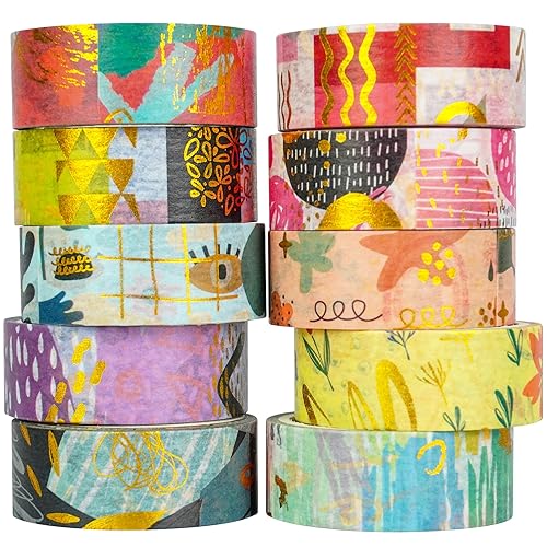 YUBBAEX Juego de 10 rollos de cinta Washi geométrica de papel de aluminio dorado para enmascarar artes modernas, cintas decorativas para artes,
