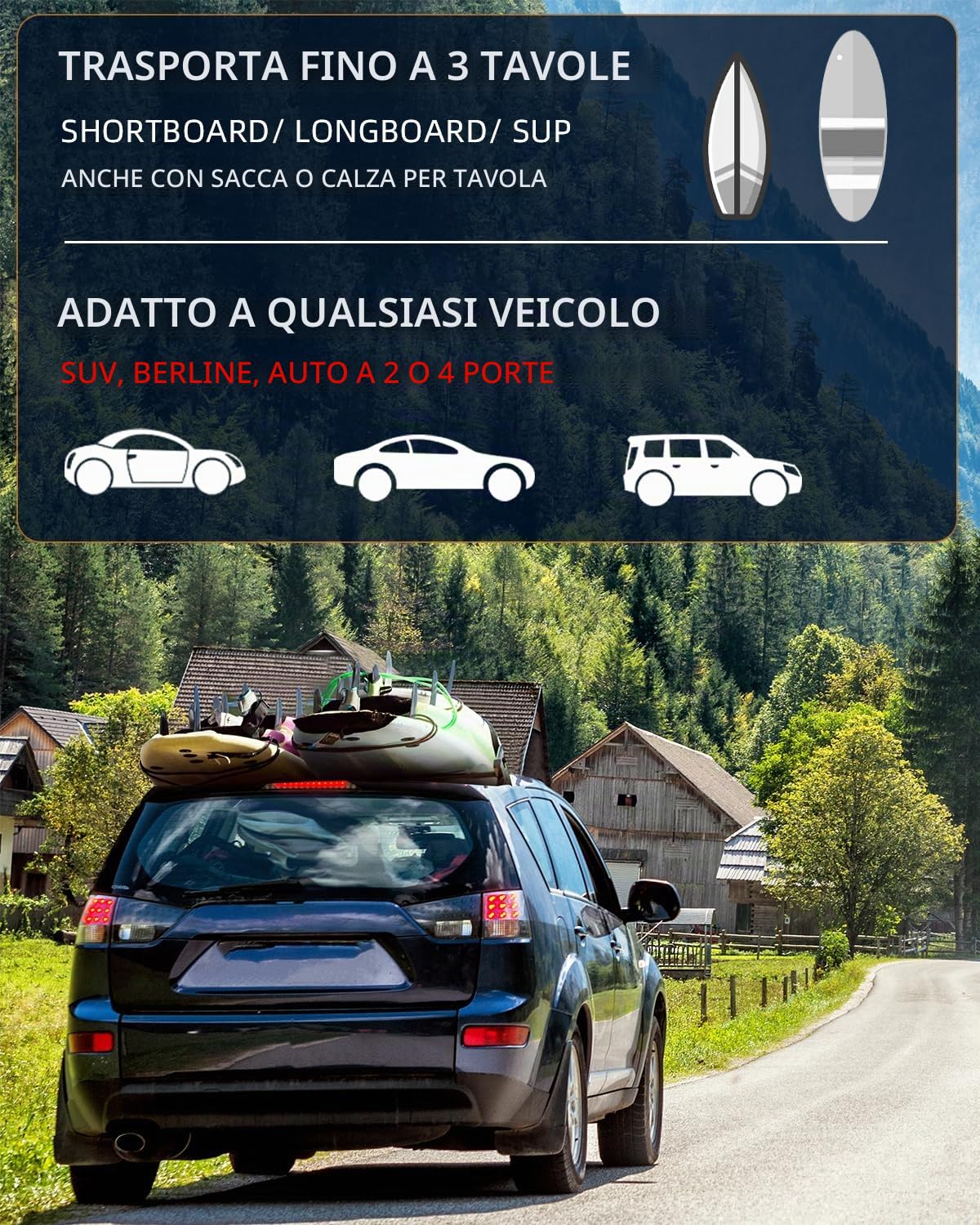 Abahub Soft Roof Rack Pads per tavola da surf, SUP, kayak, canoa, con 4 cinghie di ancoraggio, 2 corde di ancoraggio, 2 passanti per il cappuccio e custodia (da utilizzare senza traversa)