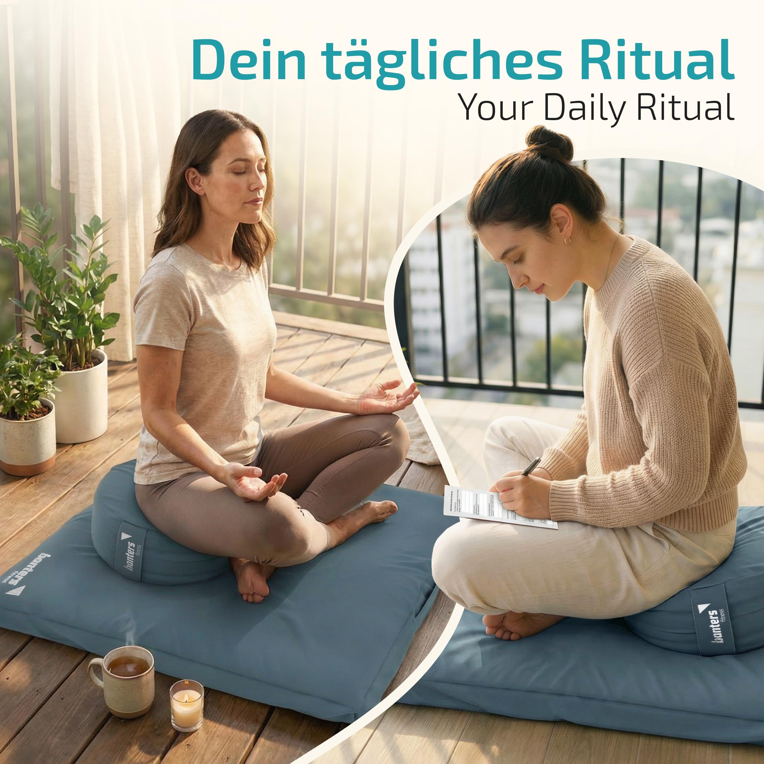 banters Set di cuscini da meditazione con imbottitura in kapok, cotone biologico, zafu e zabuton, altezza regolabile, lavabile, con cinghie per il trasporto e modello diario di 5 minuti