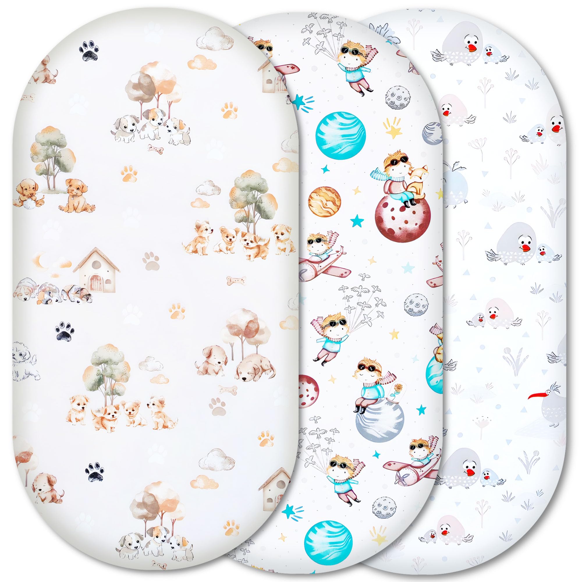 Moses Basket Fitted Sheets – 100% Pure Cotton, Soft & Breathable Baby Bedding Set – 3-Pack Snug Fit Bassinet Sheets for Moses Baskets & Prams - (84x41cm, SET4-3pcs)