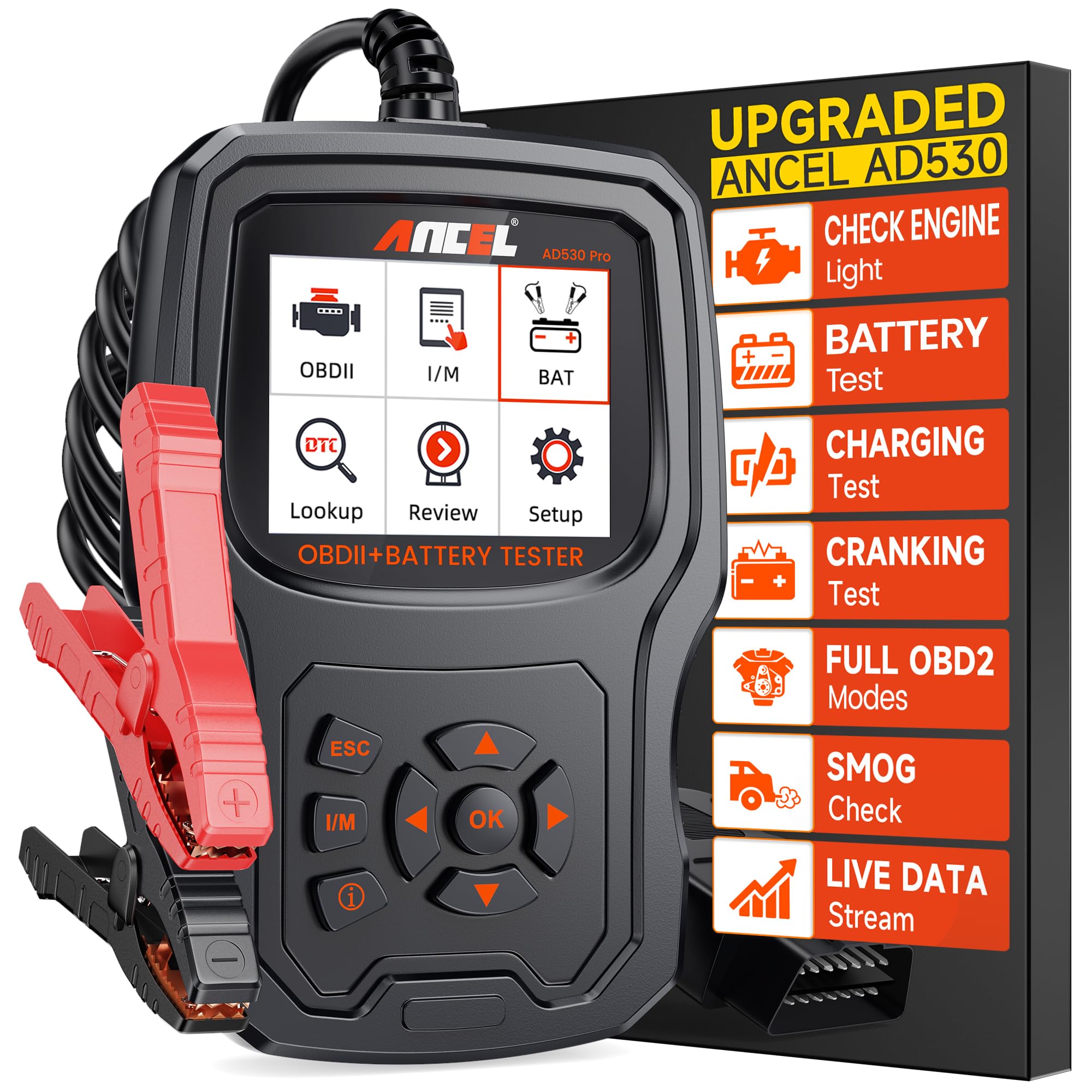 ANCEL AD530 PRO 2 in 1 OBD2 Scanner & Car Battery Tester, Car Scanner Diagnostic Tool with Live Data, 12V Battery Tester with Charging & Cranking Test, Check Engine Code Reader for 1996+ Vehicles