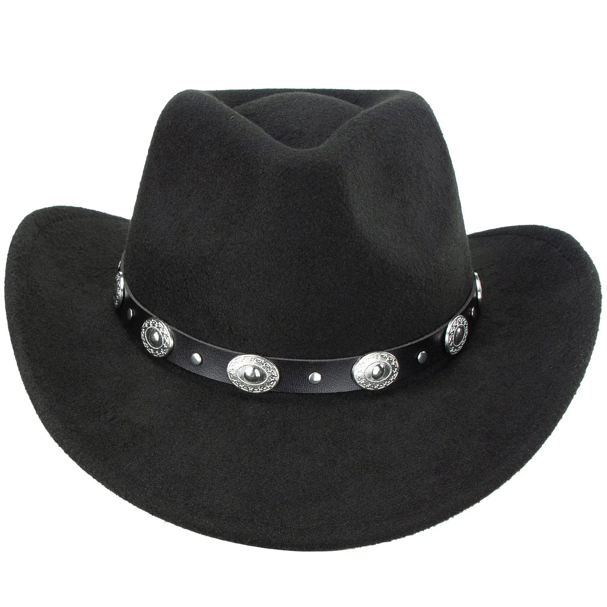 KorhLeoh Sombrero de vaquero negro para mujeres y hombres, estilo occidental, ala ancha, fieltro, sombrero Fedora Panamá con hebilla de cinturón desmontable