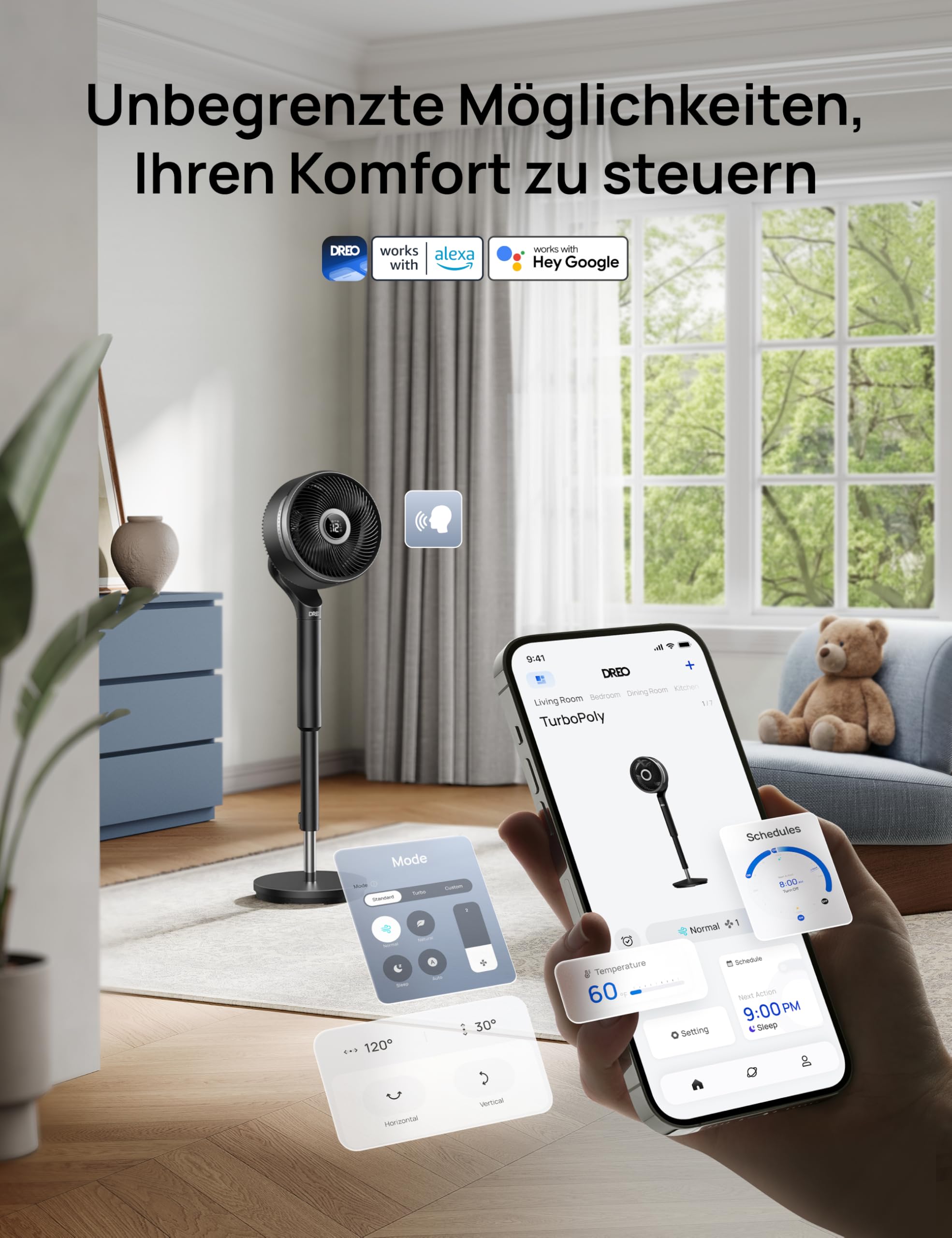 DREO Smart-Ventilator Standventilator 150°+100° Oszillation 36,6 m CirculAir-Reichweite leiser DC-Motor 12 Stufen 6 Modi 20 dB Fernbedienung 12-h-Timer