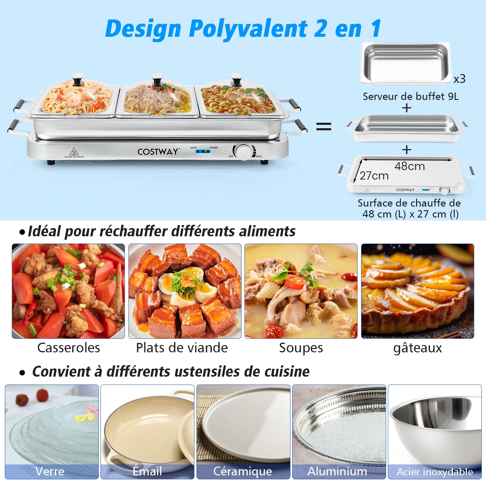 COSTWAY 2 en 1 Chauffe-Plats en Acier Inoxydable Électrique 450 W, GN1/1+3xGN1/3 Récipients avec Couvercle, 9L Chafing Dish, 50-150 °C, Buffets Chauffants pour Banquets, Fêtes, Mariage, Restaurants