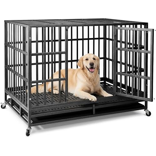 48 Inch Heavy Duty Indestructible Dog Crate, XL Steel Escape-Proof Kennel for Large Dogs, Double Door Design with 4 Locking Wheels & Reinforced Baseplate, Ideal for High-Anxiety Dogs