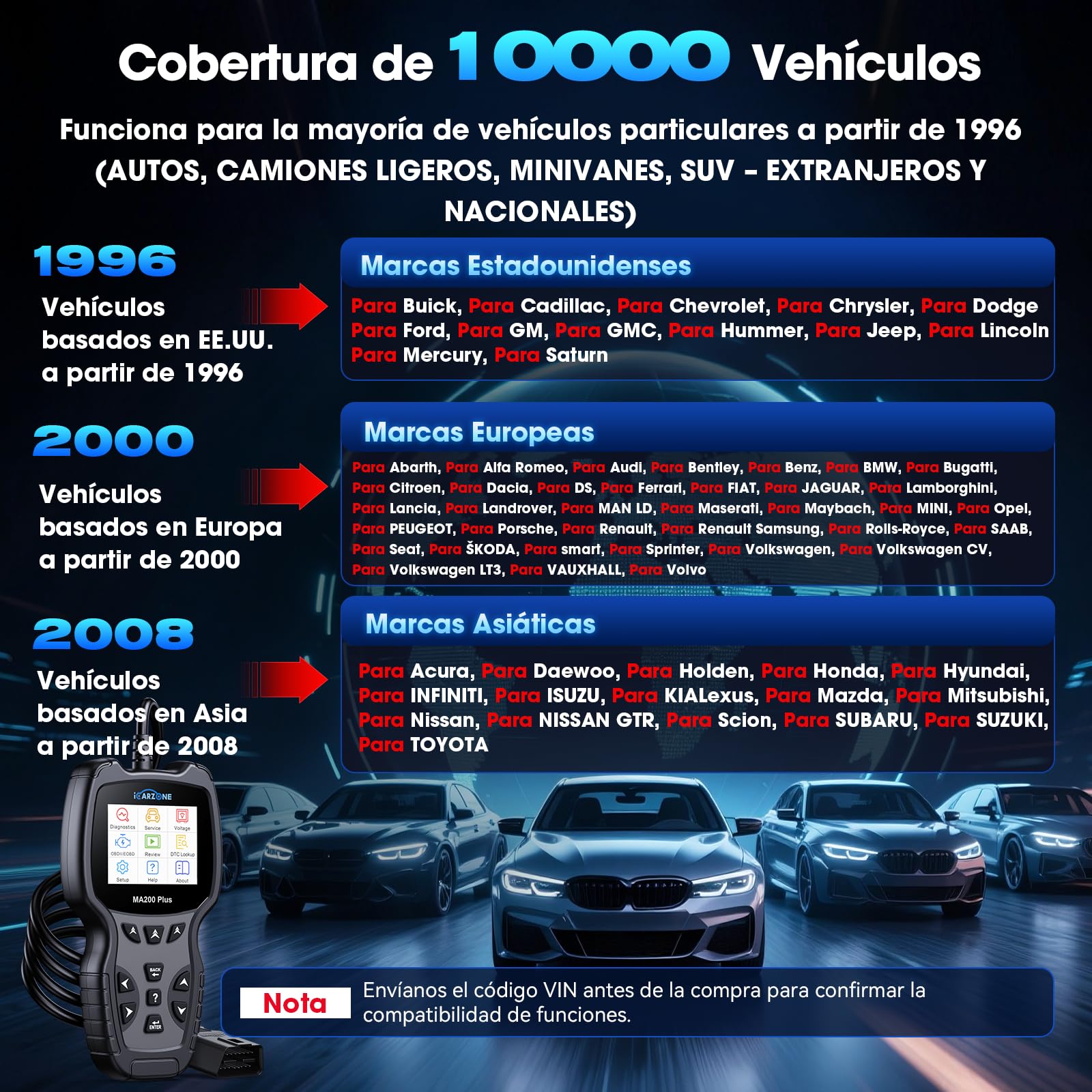 MA200 Plus Máquina Diagnosis Coche, Escáner de Todos los Sistemas con 6 Servicios, OBD2 Diagnosis para Coche Multimarca, Reset Aceite/EPB/SAS/TPMS/DPF/BMS, Auto VIN, Actualización de Por Vida