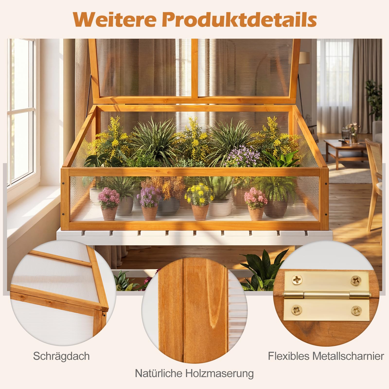 COSTWAY Frühbeet Gewächshaus, mini Treibhaus, Frühbeetaufsatz, Hochbeet Abdeckung, Frühbeetkasten Aufsatz für Garten, Terrasse & Balkon, 94 x 63 x 40 cm (Orange)