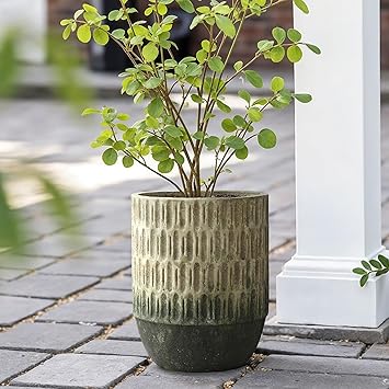 Cement Planter, Large Indoor Outdoor Vintage Round Plant Pot with Drainage Hole and Rubber Plug, Rustic Green Pot for Plants, Decorative Flower Pots for Home Garden