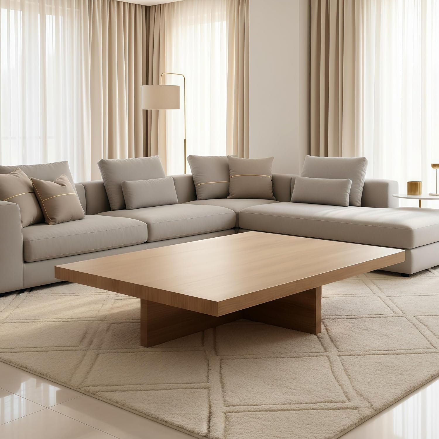 Pine Wood Rectangular Center Table, Farmhouse Coffee Table with 2” Thick Tabletop, Natural Wood Grain, Rectangular Rustic Coffee Tables for Living Room & Office (Nature, 55.1*27.6*17.7IN)