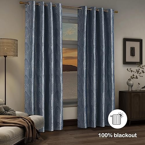 Miniatura 3 de Cortinas de patrón geométrico jacquard 100% opacas color azul índigo y plateado, 2 paneles de 52 pulgadas de ancho y 84 pulgadas de largo, con