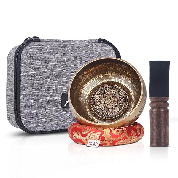 Kmise Tibetan Singing Bowls Set- Handmade in Nepal Meditation Sound Bowls for Yoga, Meditation, Mindfulness, Healing and Chakra Balancing, Stress Relief (5'Ganesha)
