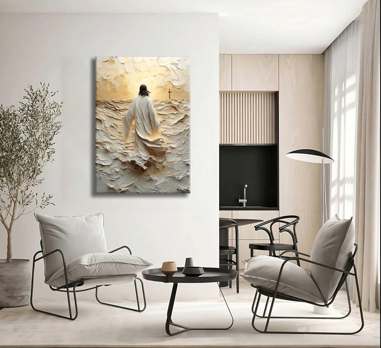 Jesus Walking On Water Wall Art Abstract Christian Poster Print Canvas Sacred God Inspirational Faith Painting Picture Modern Religious Cross Wall Decor for Living Room Bedroom Church Decor Framed