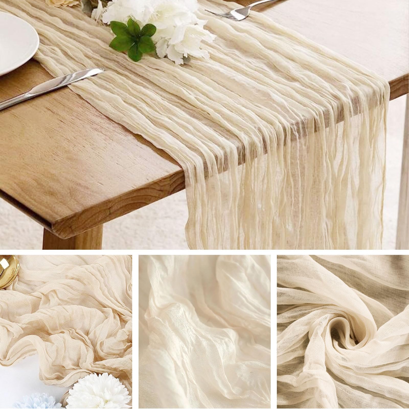 Lot de 10 chemins de table en toile de fromage, beige, 90 x 300 cm