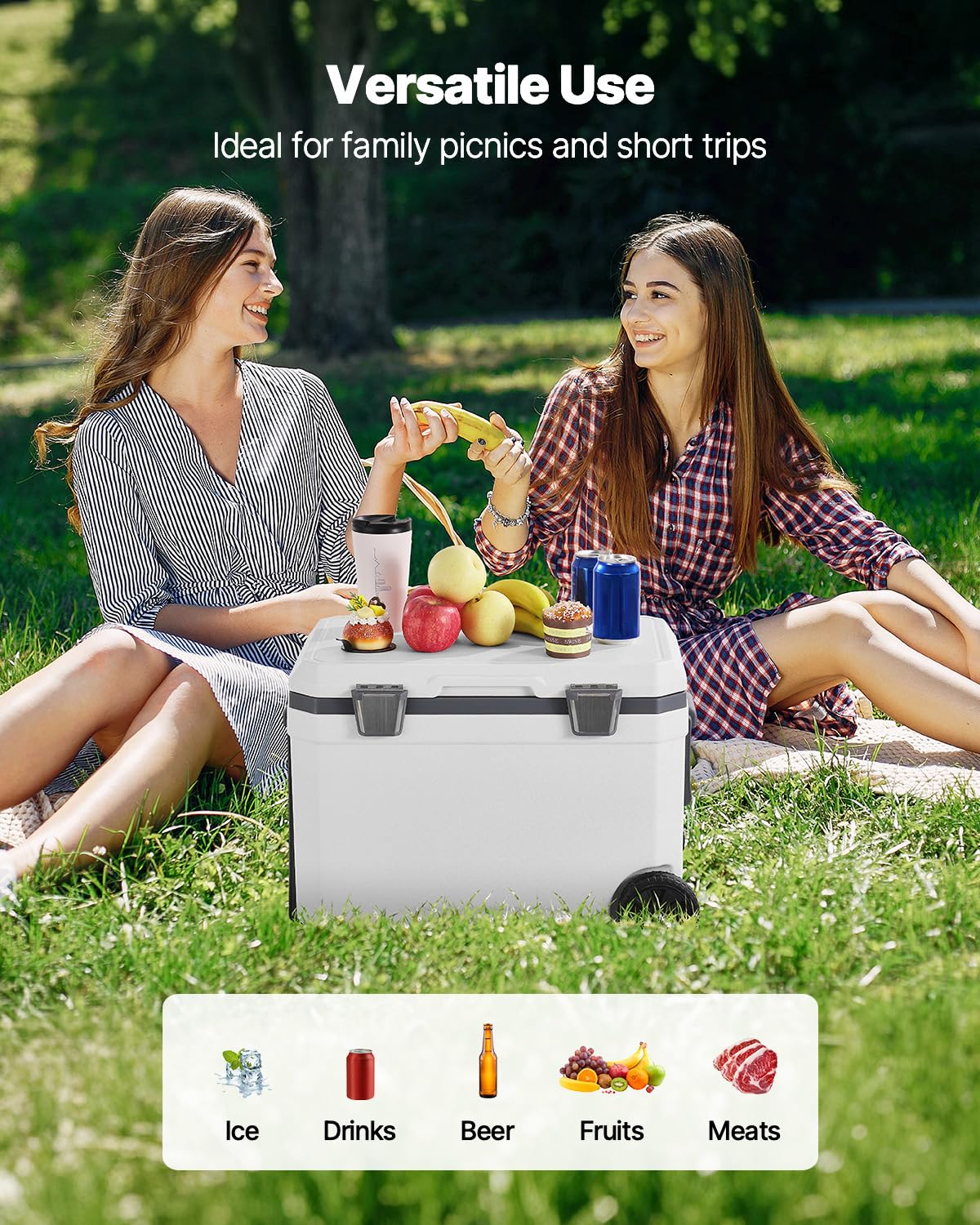 VEVOR Portable Cooler, 45 QT Wheeled Camping Cooler with Ice Retention, Heavy-Duty Handles and Cup Holder, Lightweight Rigid Material Insulated Portable Design, for Family Picnics and Long Trips