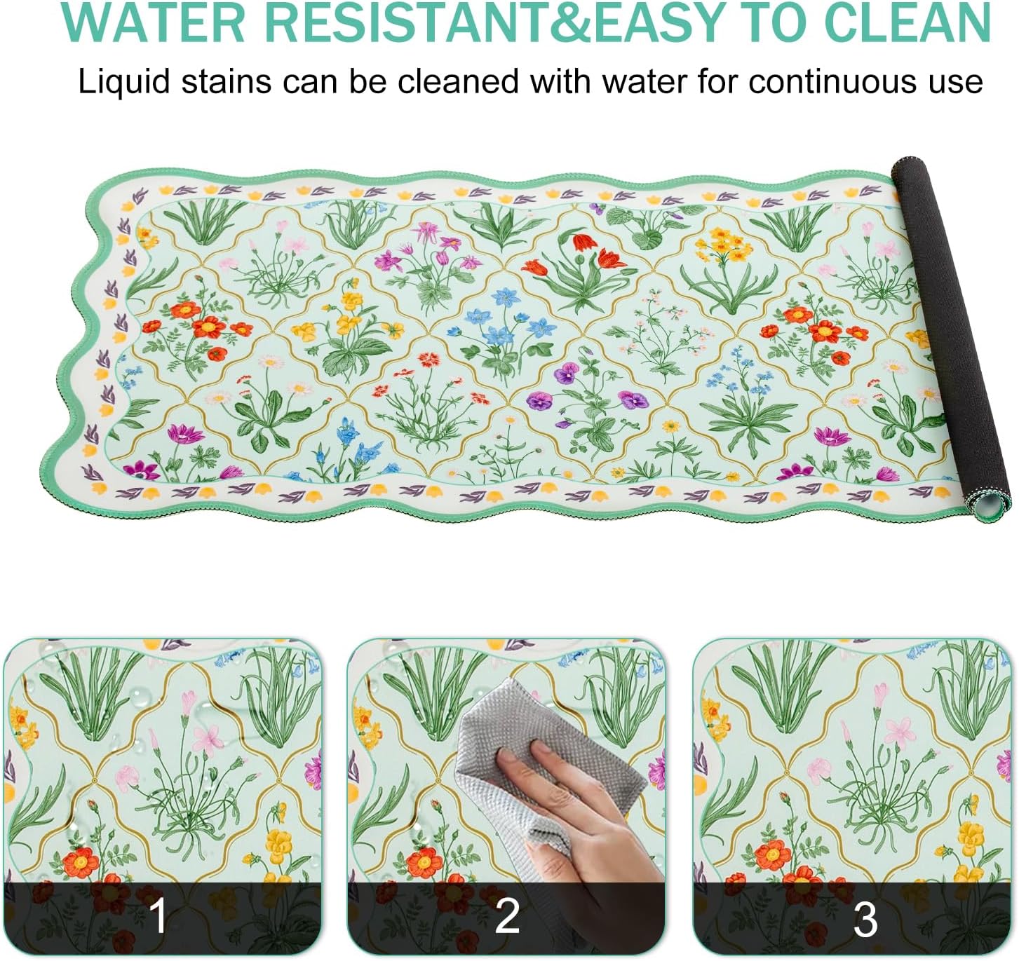 L-SPOUTTO Green Mouse Pad,Botanical Desk Mat XXL Large Scalloped Gaming Mousepad,35.4x15.7in Non-Slip Rubber Base Keyboard Pad Waterproof Desktop Mat for Laptop Computer Game Home Office-Flowers - Image 7