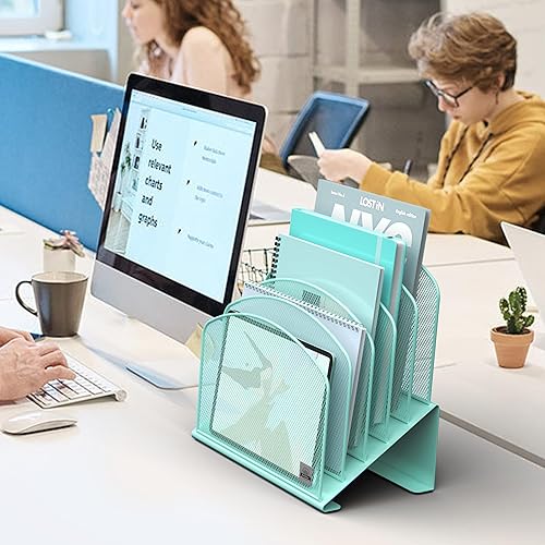 Vista 32 de Organizador de archivos de escritorio inclinado, soporte vertical de 5 secciones, soporte de metal clasificador de archivos para oficina y aula