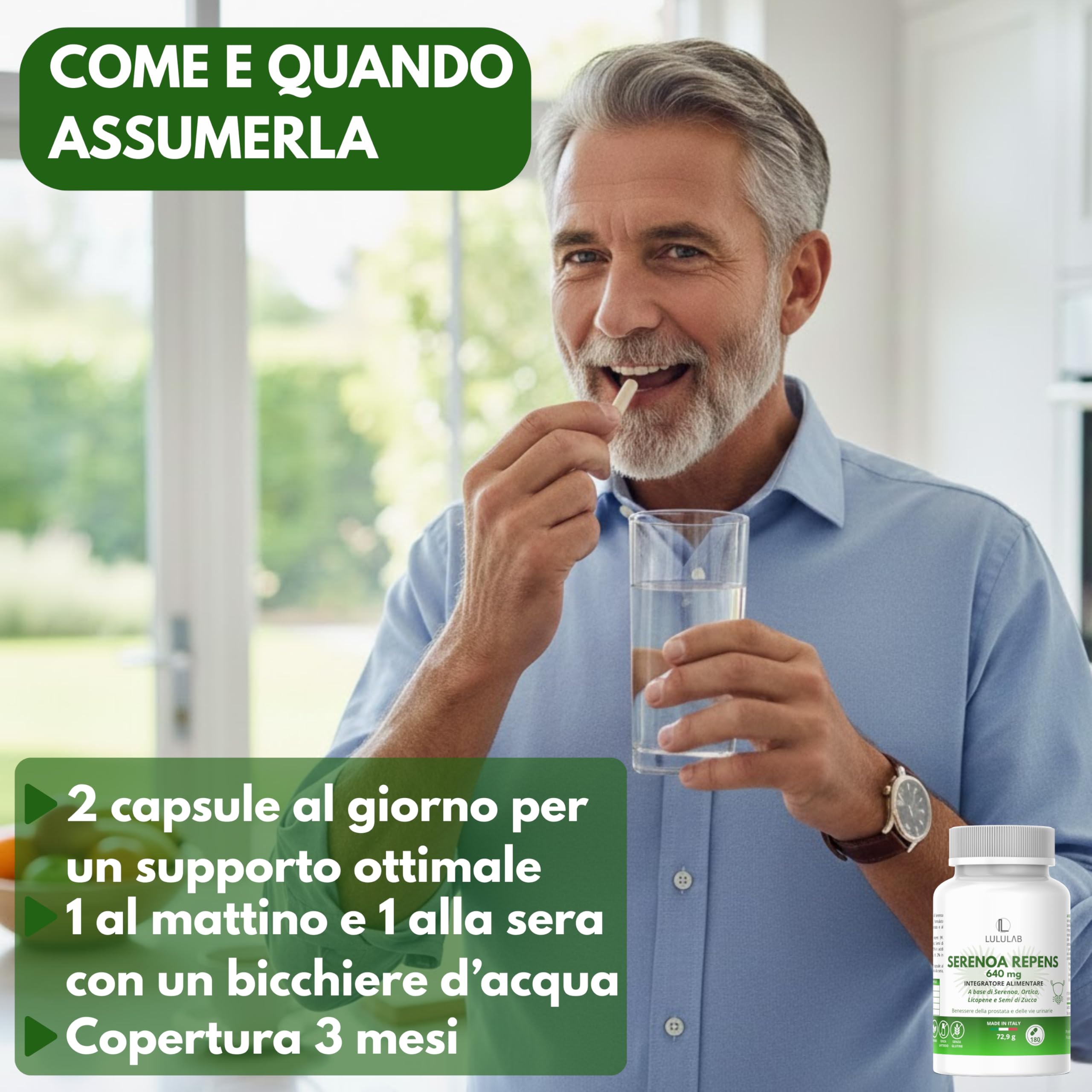Serenoa Repens Prostata 640 mg per dose giornaliera – Saw Palmetto con Semi di Zucca, Ortica e Licopene – Prostata Integratore Supporto Benessere Maschile – 180 Capsule – Made in Italy – Lululab®