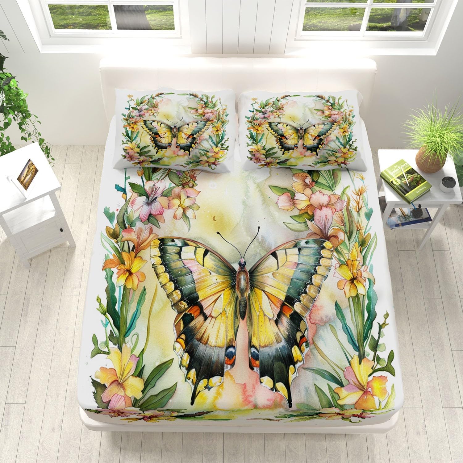 Print Fitted Sheet Set Queen Size for Kids Boys Girls, Bed Sheets Garland Animal Butterfly Pattern Fitted Sheet Adults Flat Sheet Soft Luxury, Home Room Decor 4Pcs