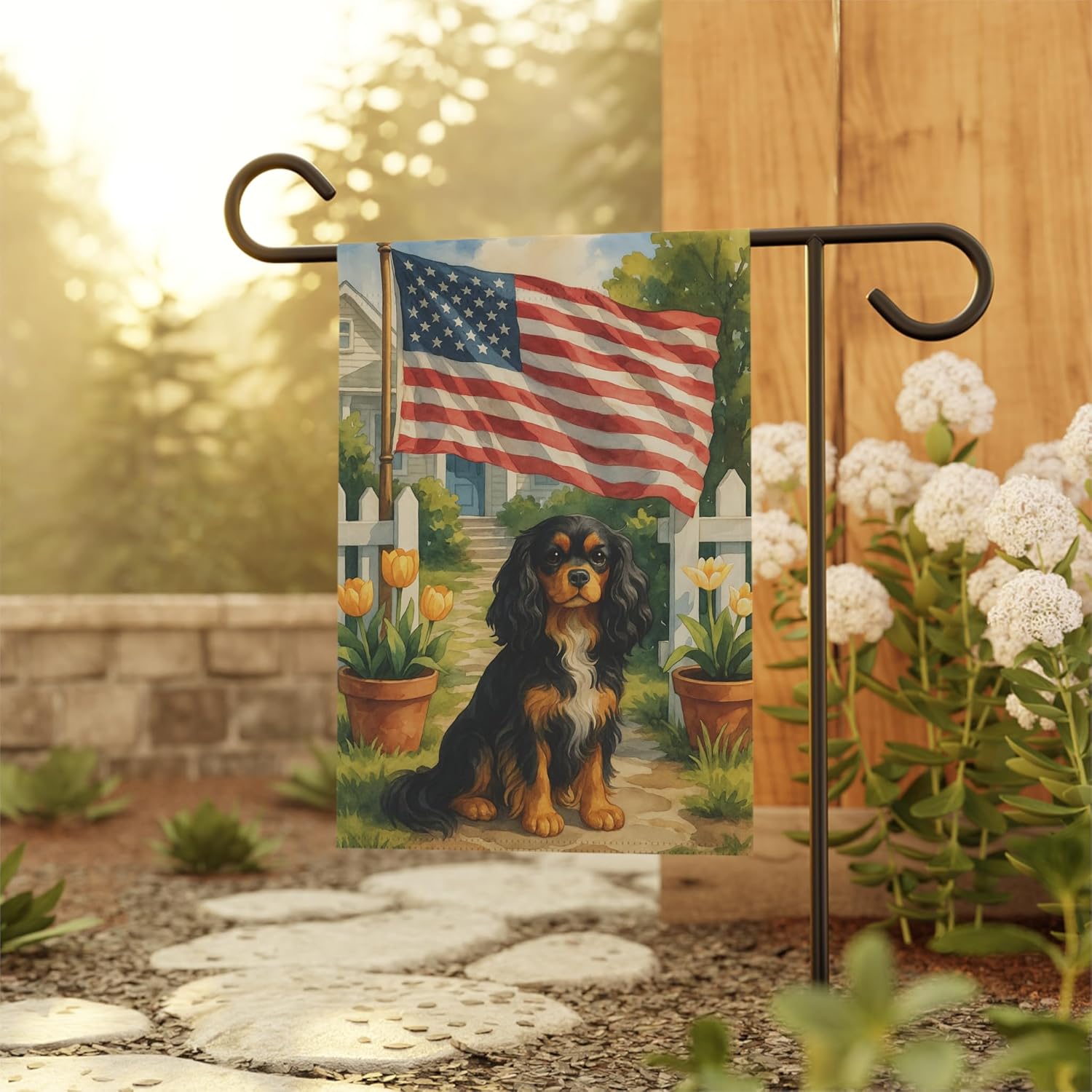 PUDDINFLAGS Black Tan King Charles Cavalier Spaniel Garden Flag, 4th of July, US Yard Outside Decor, Patriotic Housewarming