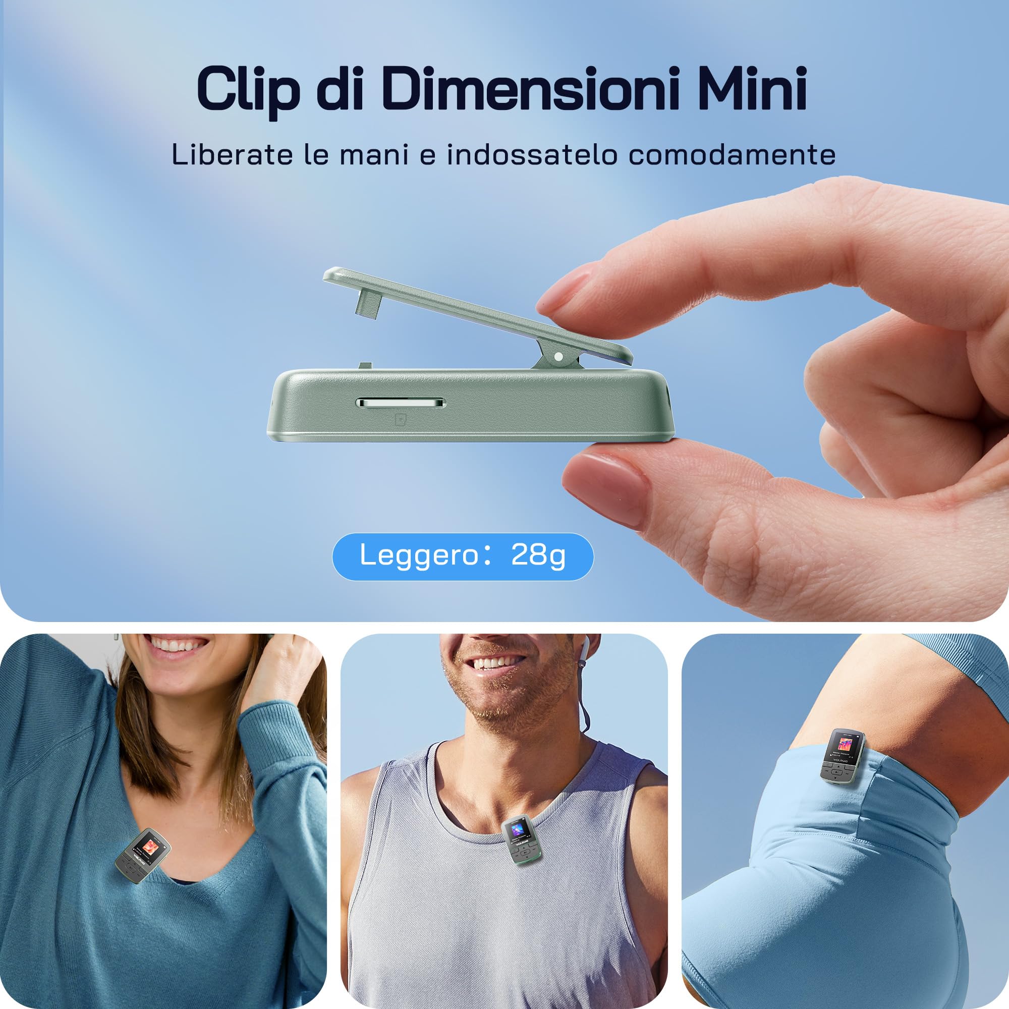 WOLFANG Lettore MP3 con Bluetooth 5.2, clip sportiva, formato mini, peso 28,3 g, HiF, registratore vocale, auricolari inclusi, Verde Militare