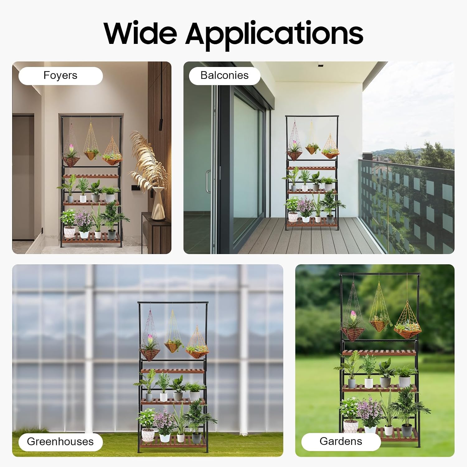 Plant Stand Indoor, 3 Tier Plant Stand With Hanging Rod, Heavy Duty Metal Plant Shelf Rack, Indoor Outdoor Plant Stand for Balcony Garden Living Room, Adjustable Feet