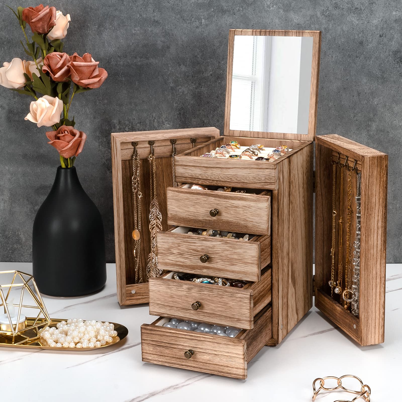 Joyeros Mujer Organizador, Grande Organizador Joyas Madera con Espejo, Joyero Gran Capacidad con Cajón de 4 Capas, Joyero Mujer para Collares, Pendientes, Anillos, Pulseras (Marrón Rústico)