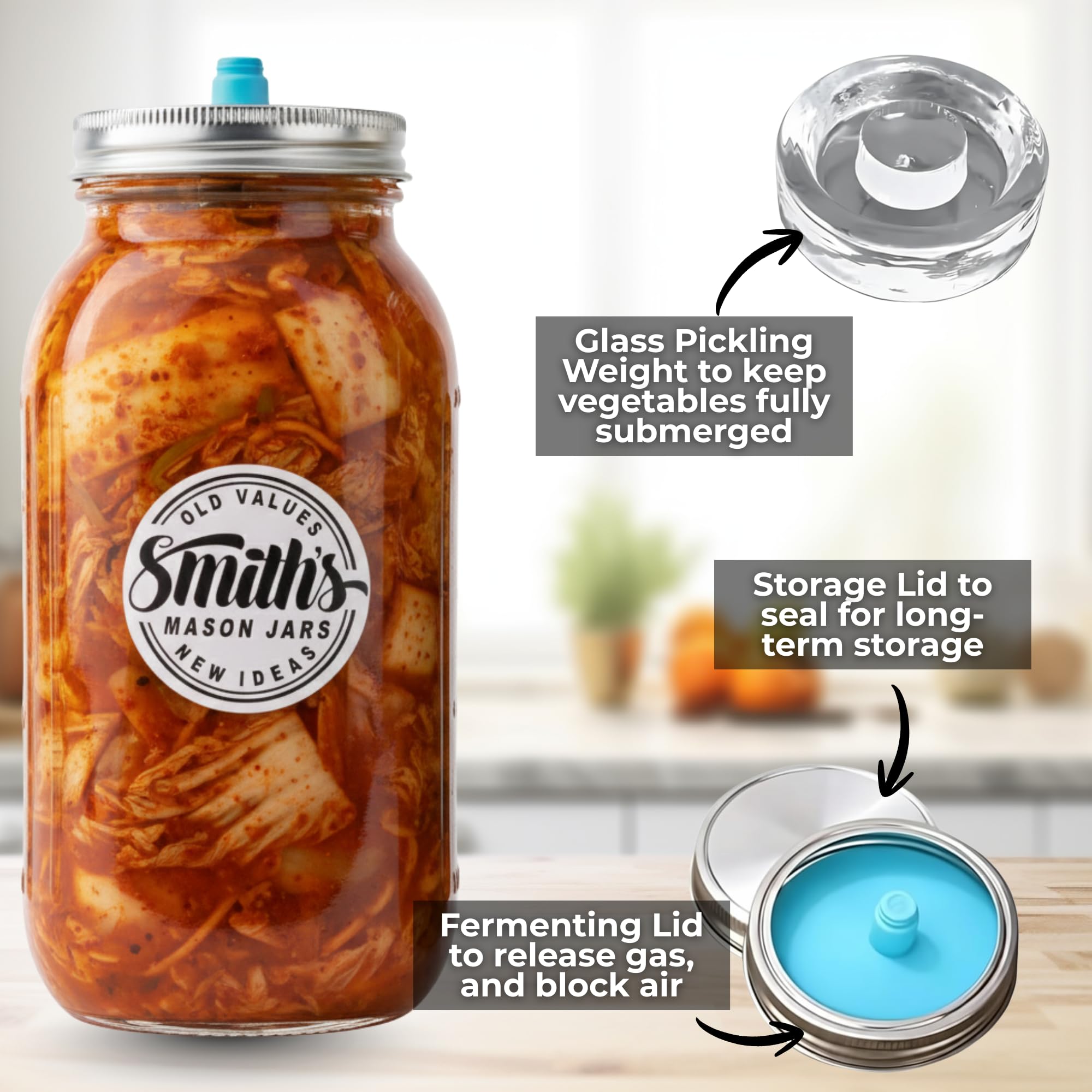 Smiths Mason Jars 2-pak fermentacyjnych słoików z przezroczystego szkła o pojemności 1 litra z pokrywkami, obciążnikami i dodatkowymi pokrywkami - idealne do przechowywania owsa, kimchi, pikli